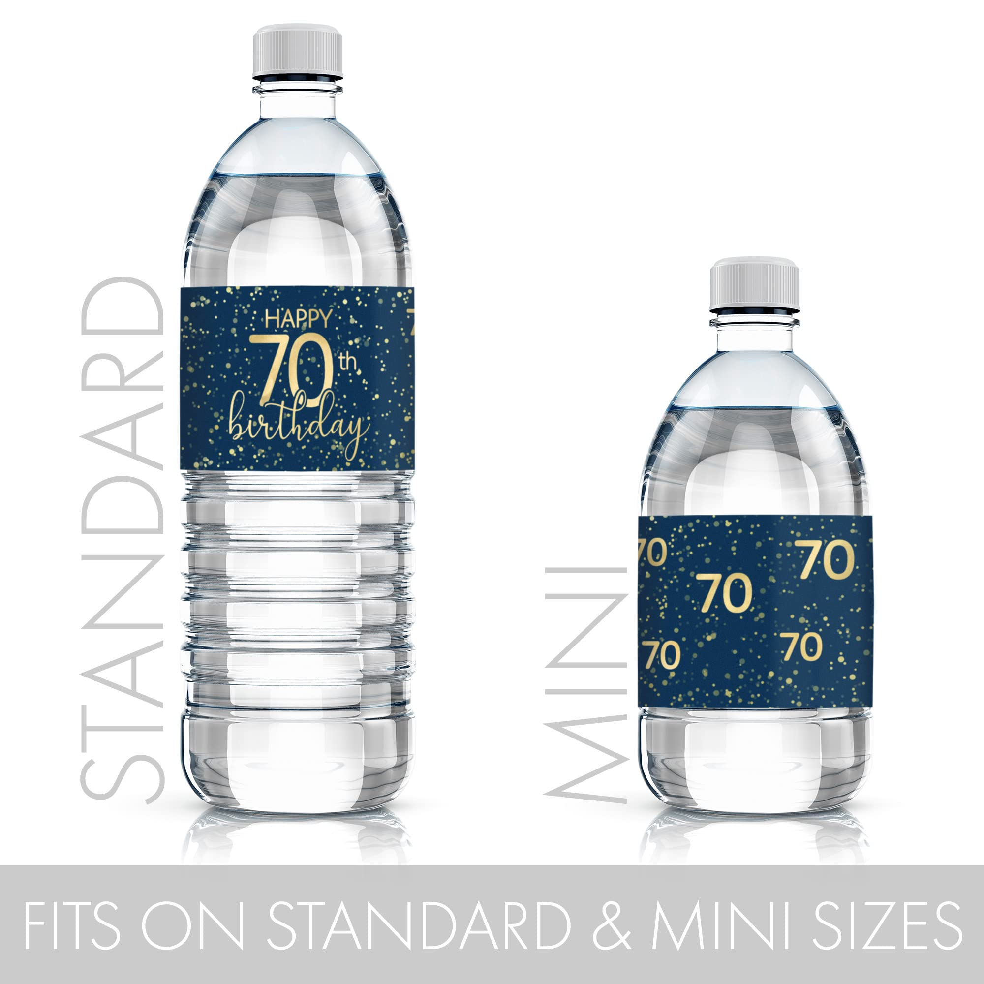 Navy Blue and Gold 70th Birthday Party Water Bottle Labels - 24 Waterproof Stickers