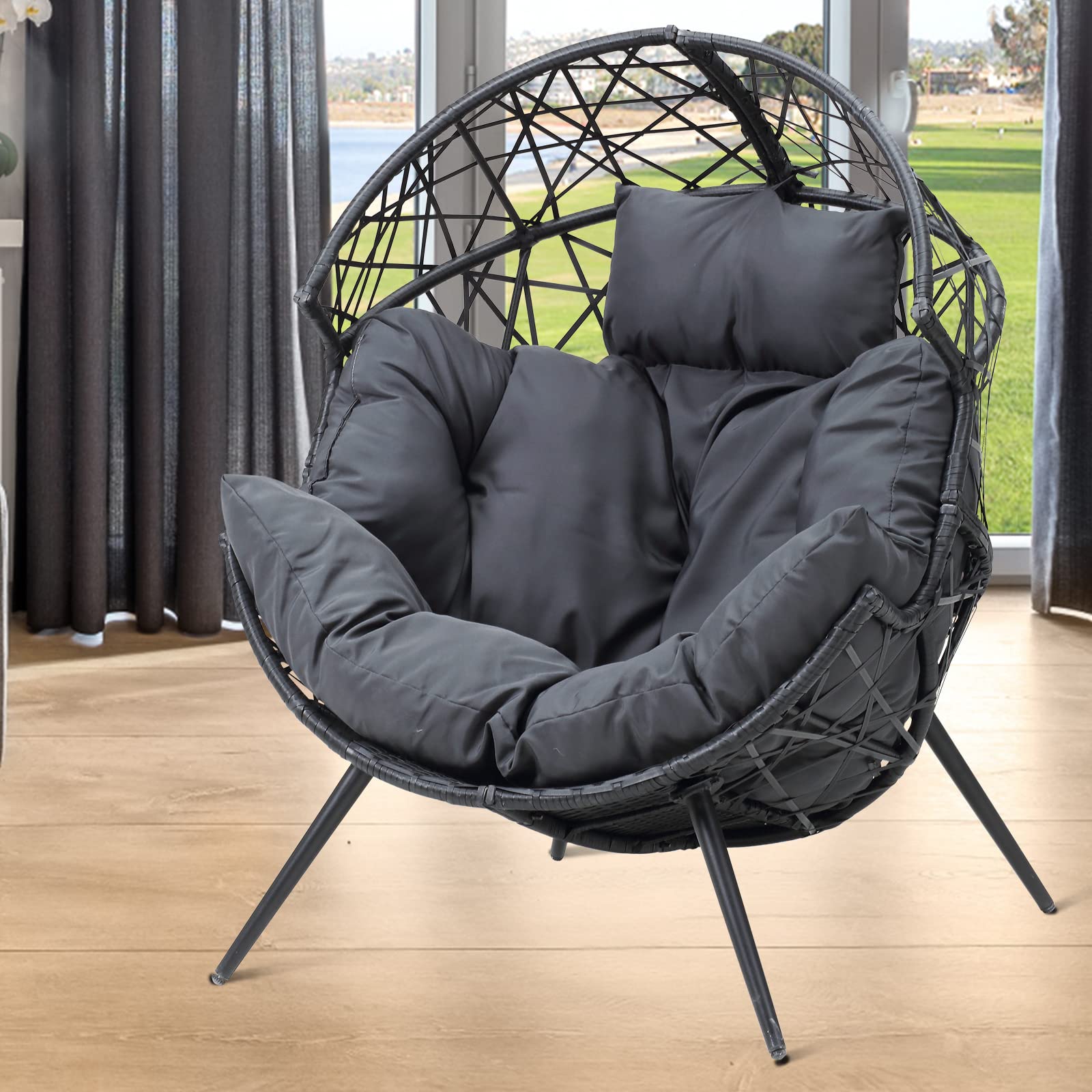 STRPRETTY BASIC Egg Chair - Outdoor Patio Egg Chair Indoor Wicker Egg Chair Basket Lounger Chair with Cushion and Stand for Living Room Patio Backyard (Dark Gray)