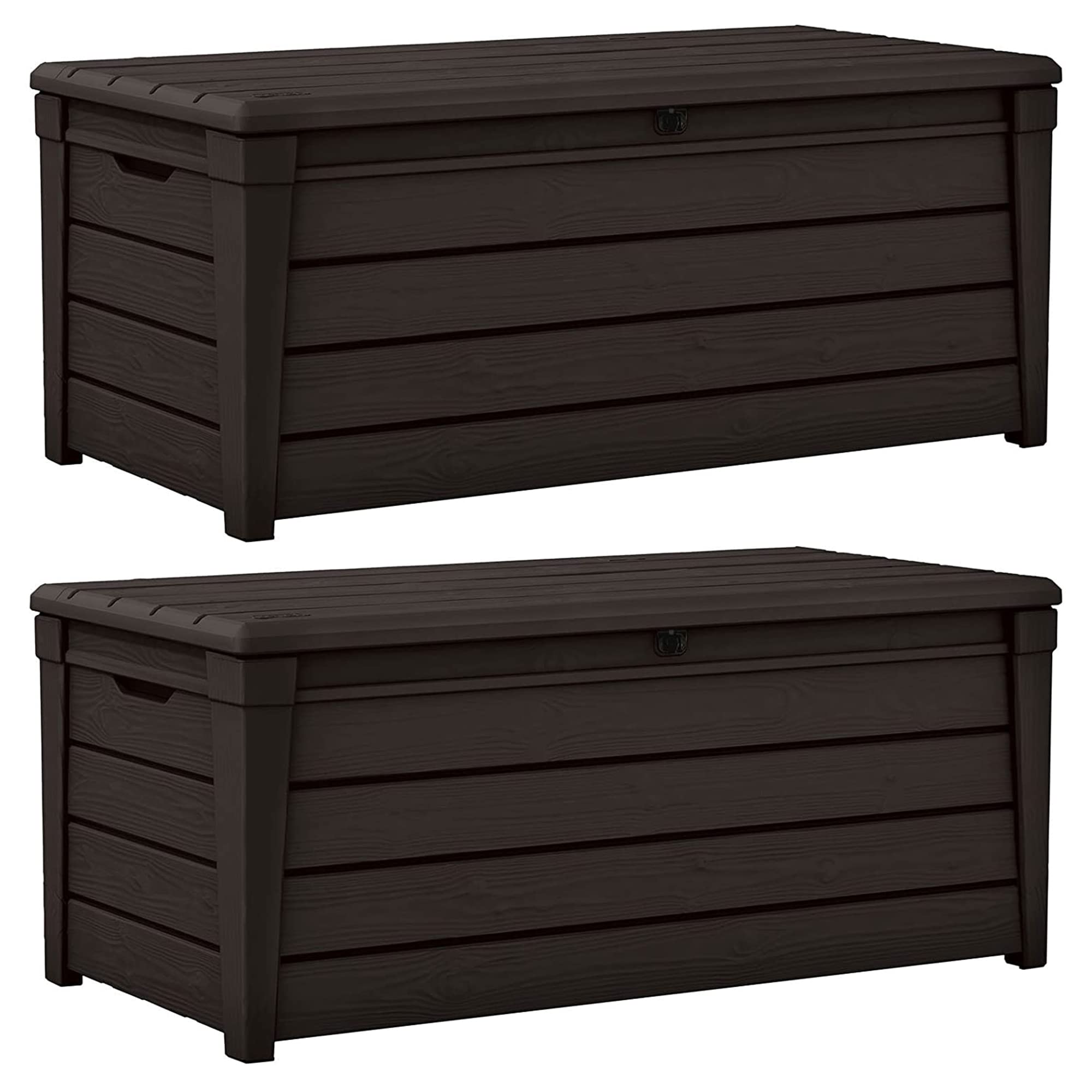 Keter 2 Pack Storage Bench, Weatherproof Resin Outdoor Backyard 120 Gallon Deck Box, Brightwood, Brown