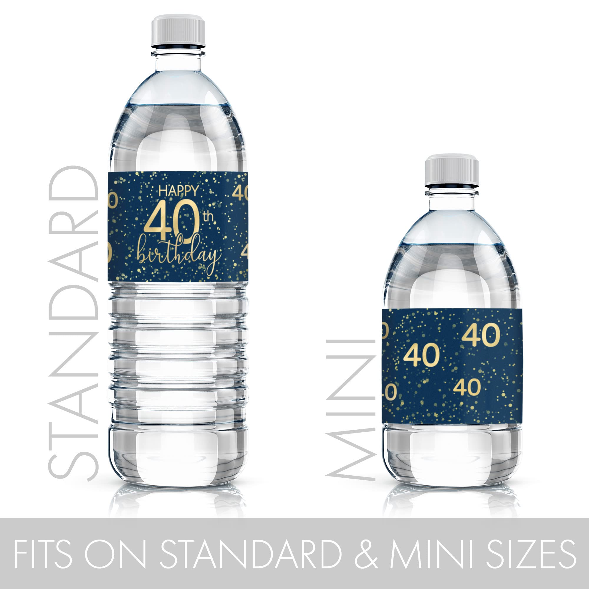 Navy Blue and Gold 40th Birthday Party Water Bottle Labels - 24 Waterproof Stickers