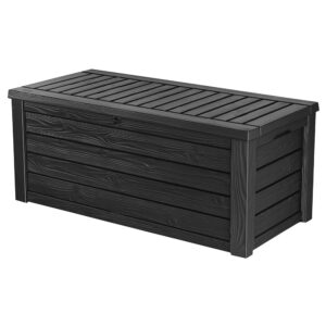 Keter Westwood Outdoor Plastic 150 Gallon Deck Storage Box Organizer for Patio Furniture, Pool Toys and Yard Tools with Bench, Dark Gray, 2 Pack