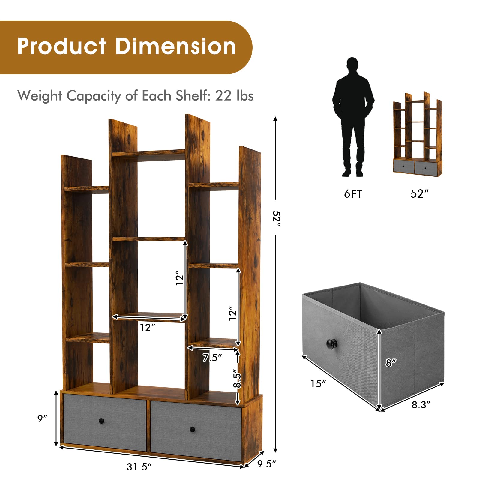 Giantex 9-Cube Bookcase with 2 Drawers - Industrial Freestanding Open Display Shelving with Anti-toppling Device, 12 Storage Shelves, Wooden Tree Shaped Bookshelf for Living Room, Rustic Brown