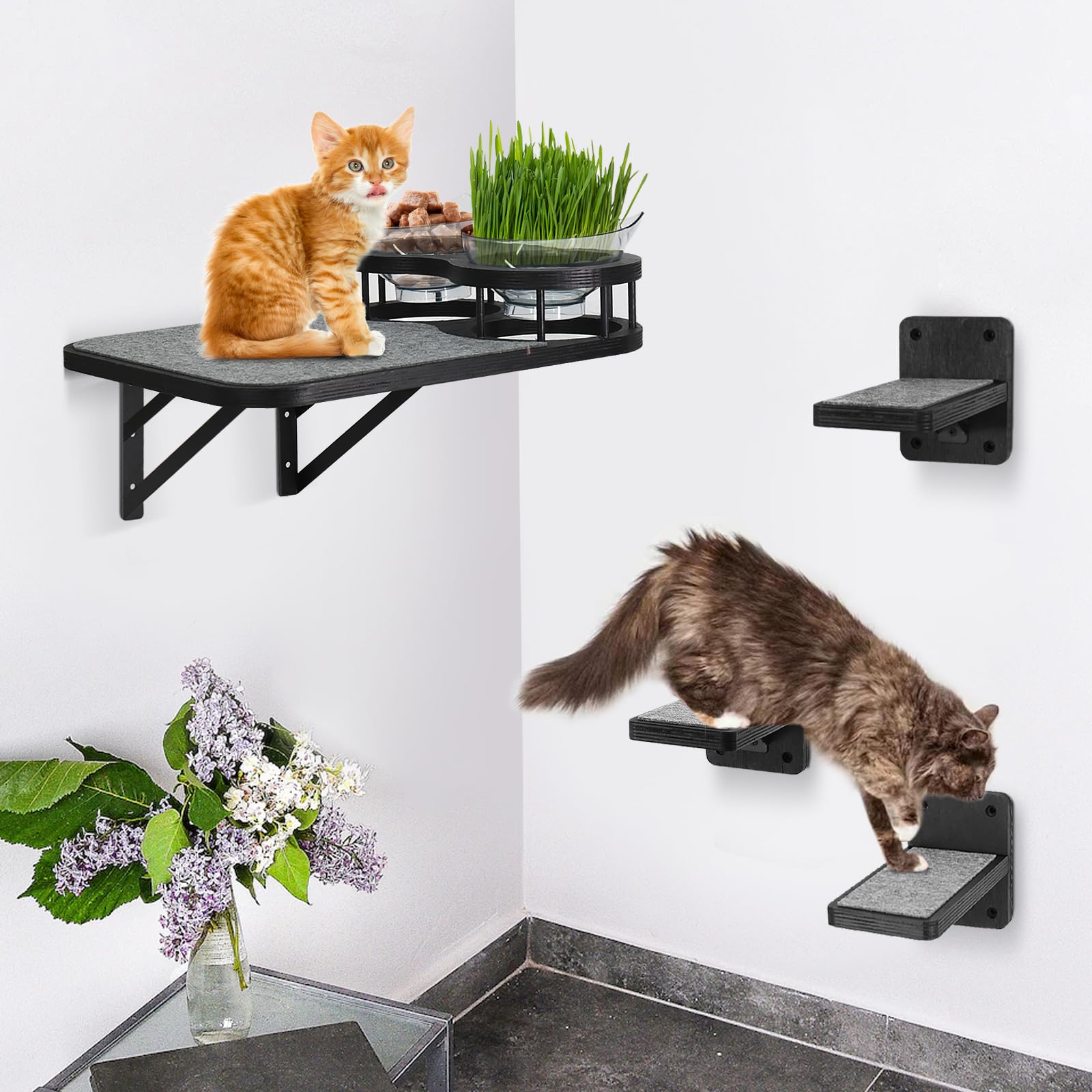 Cat Hammock Cat Wall Shelves with 3 Steps, Cat Scratching Post Cat Hammock and Perches with 2 Cat Food Bowls, Wood Cat Bed Furniture Wall Mounted, Cat Scratching Post Cat Wall Shelf