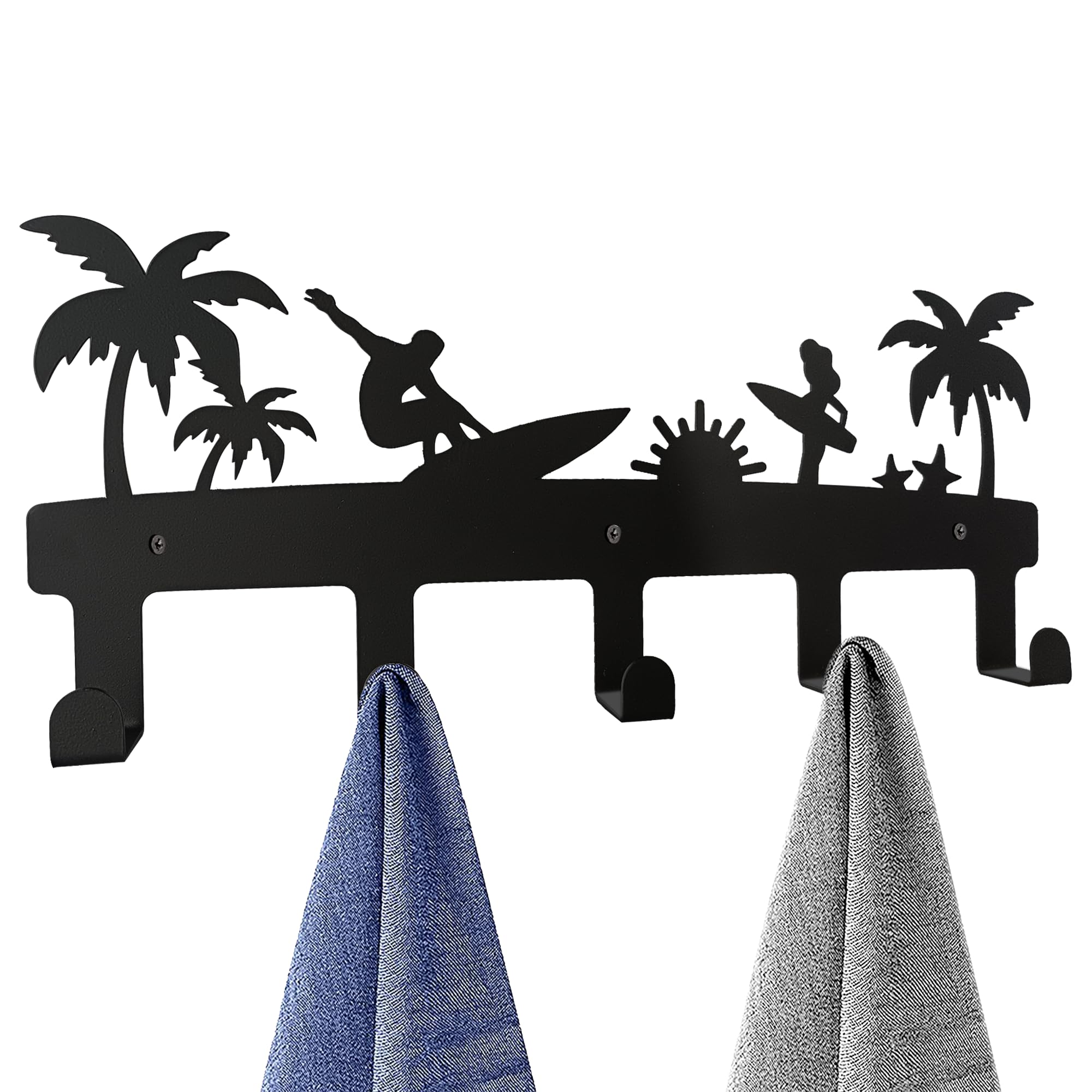 Surf Beach Pool Towel Rack for Bathroom Kitchen Robes Coat Hanger Indoor Outdoor Wall Mounted Towel Holder Rustproof and Waterproof Black Metal - 16 Inch (Black)