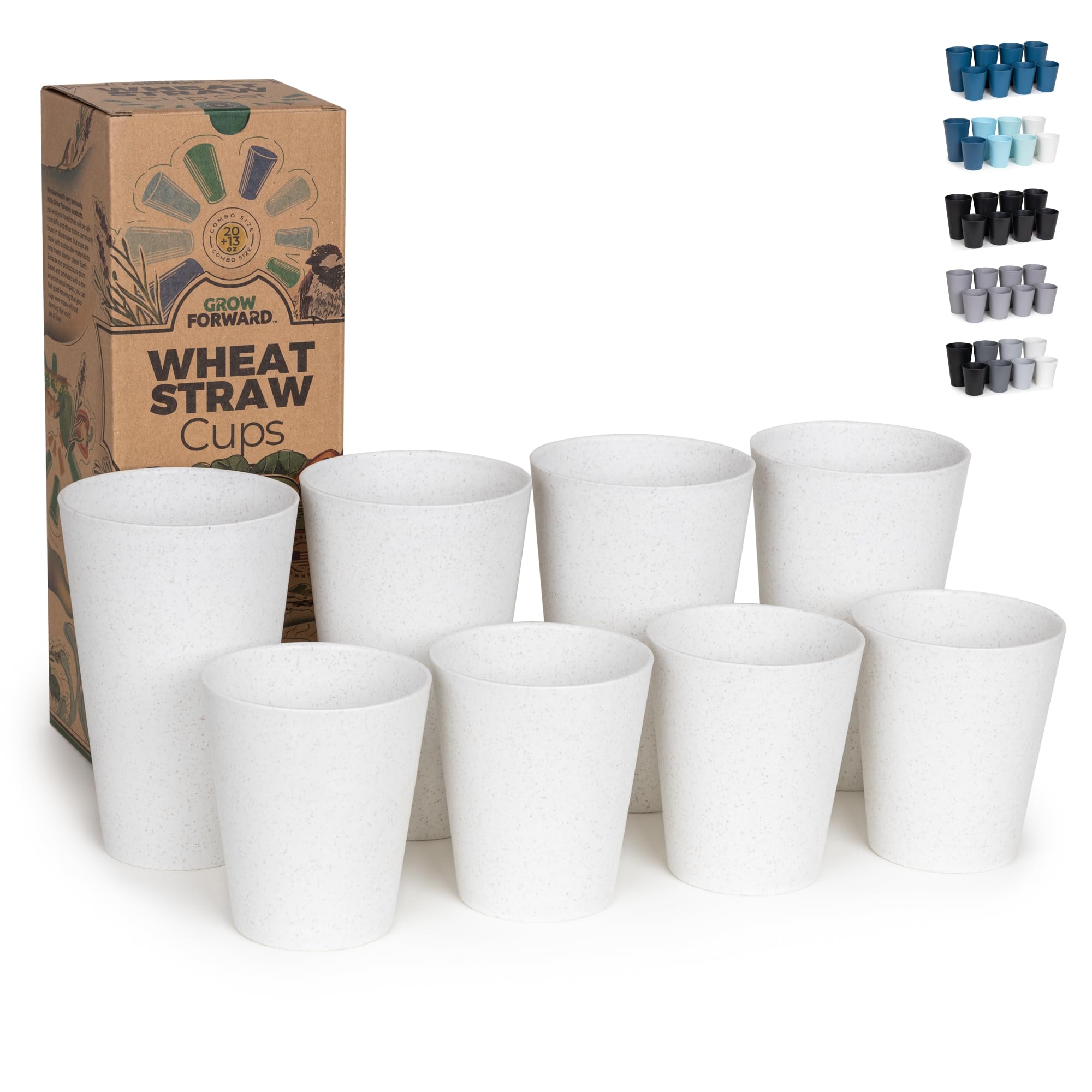 Grow Forward Premium Wheat Straw Cups - Set of 8 Unbreakable BPA Free Reusable Hard Plastic 20 oz Drinking Glasses for Water, Camping, RV - Large Tumblers for Kitchen - Midnight