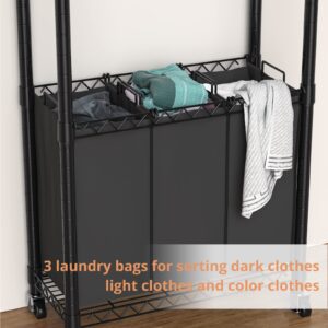 Hodonas Rolling Laundry Basket Organizer with Wheels and Hanging Bar, Laundry Hamper Cart Laundry Sorter 3 Section, Dirty Clothes Hampers for Laundry Bedroom Bathroom w/ 3 Removeable Bags, Black