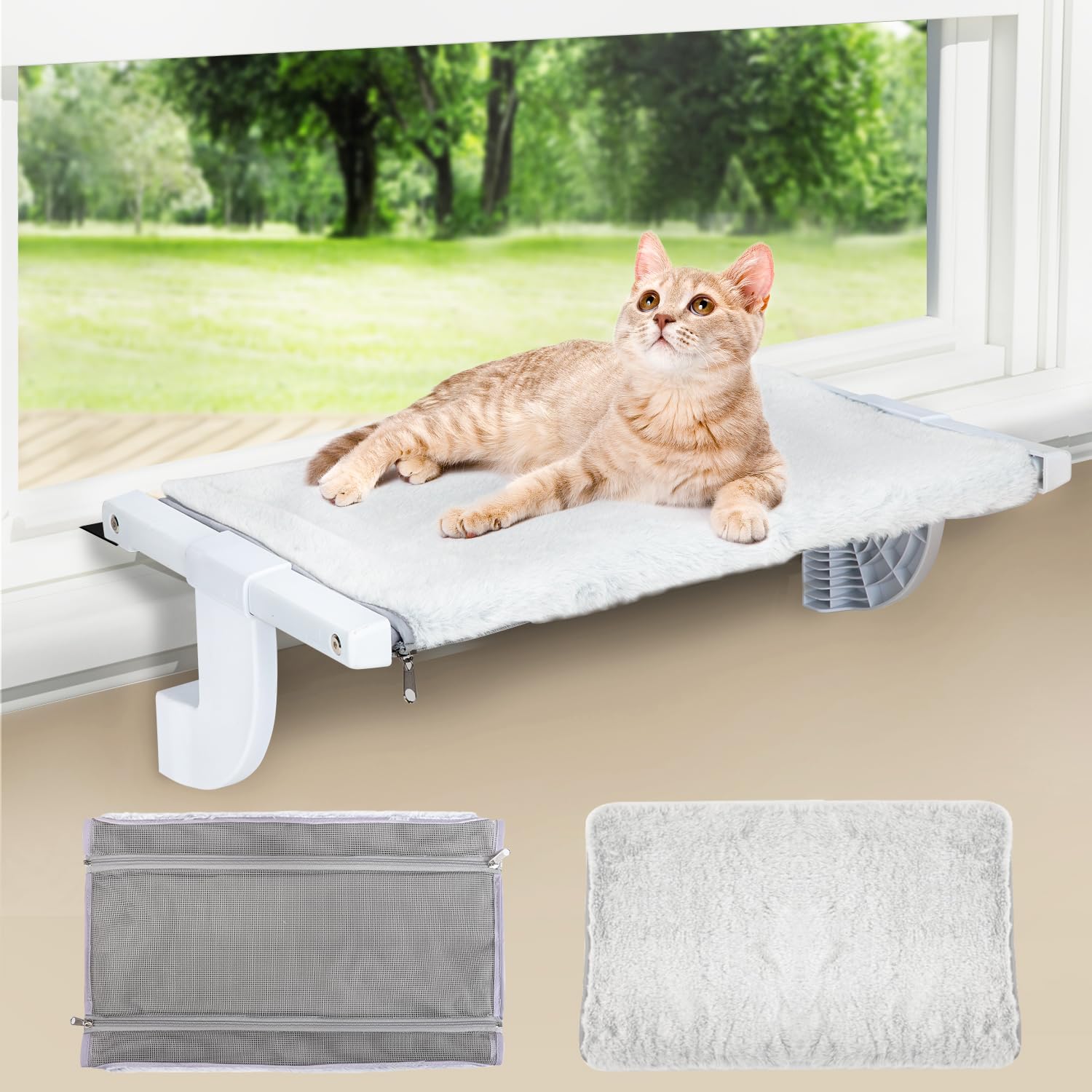 Zoratoo Window Sill Mount Cat Perch for Indoor Cats, One-Step Sliding Clamping Slot Adjustment Cat Hammock with Removable Two Fabrics Cover, No Suction Cups Cat Bed for Windowsill & Bedside (Large)