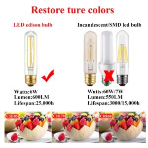 Arberlic 5 Inch T10 LED Bulb,6W Tubular Light Bulb Equivalent E26 led Bulb 60 watt dimmable,Warm White 2700K,600lm,CRI85+,AC120V,Edison Style,Clear Glass,Flicker Free,Pack of 6