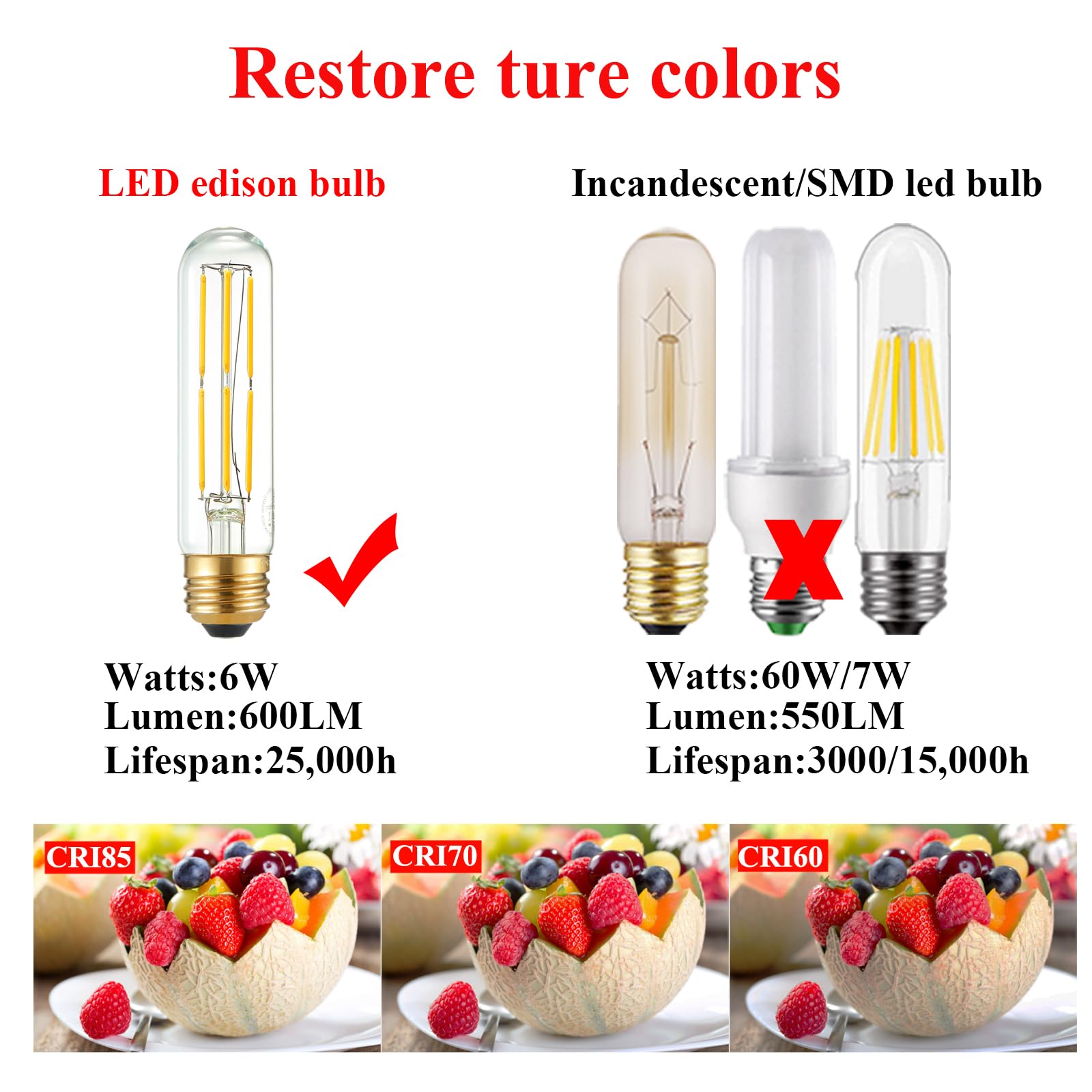 Arberlic 5 Inch T10 LED Bulb,6W Tubular Light Bulb Equivalent E26 led Bulb 60 watt dimmable,Warm White 2700K,600lm,CRI85+,AC120V,Edison Style,Clear Glass,Flicker Free,Pack of 6