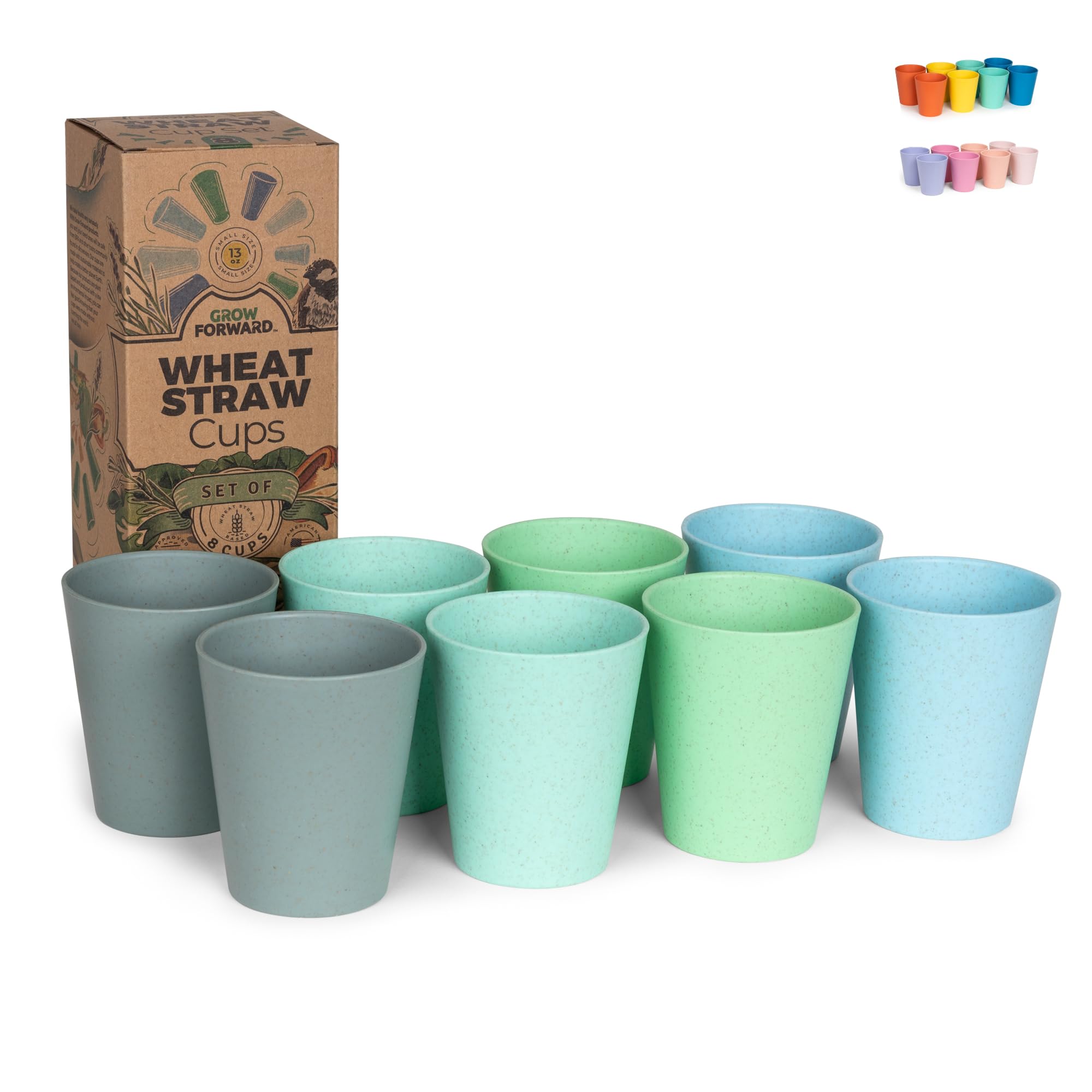 Grow Forward Premium Kids Plastic Cups - Set of 8 Unbreakable BPA Free Reusable Wheat Straw 13 oz Drinking Glasses for Water, Smoothie - Dishwasher Safe Small Tumblers for Kitchen - Rainforest