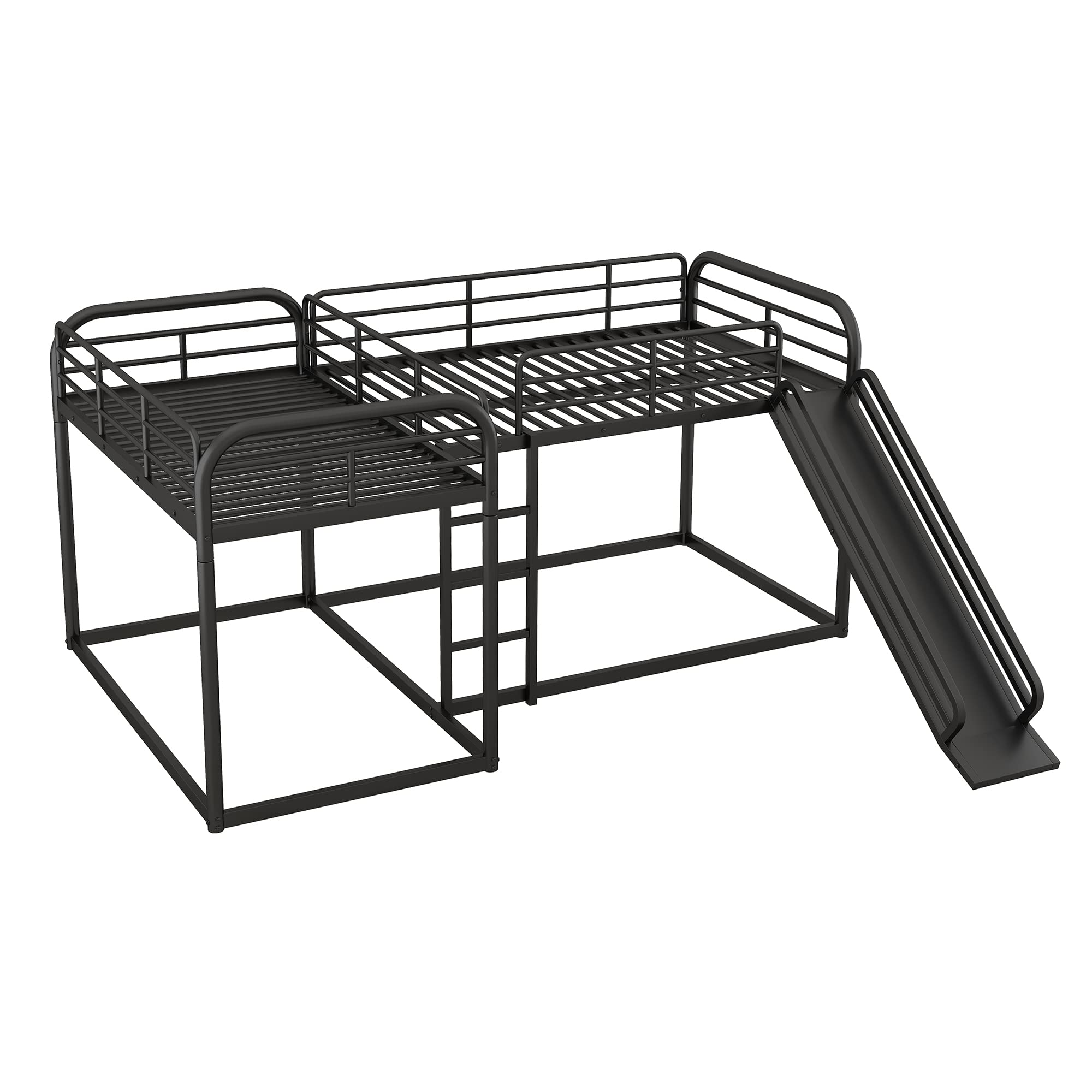 Quad Bunk Bed with Slide, L Shaped Bunk Bed for 4, Heavy-Duty Metal Floor Bunk Bed Frame Full and Twin Size for Kids Teens Girls Boys (Black)