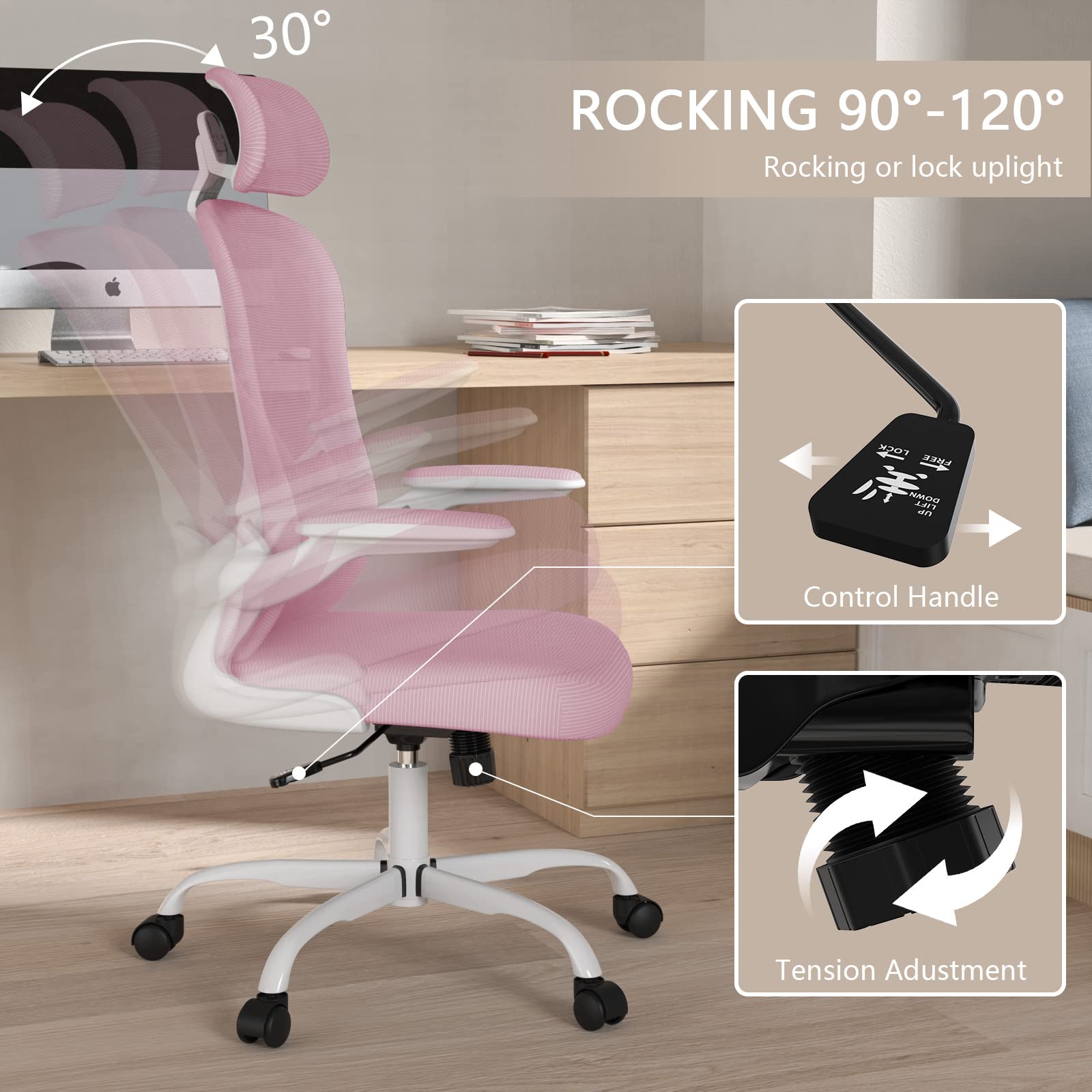 Office Chair, High Back Ergonomic Desk Chair, Breathable Mesh Desk Chair with Adjustable Lumbar Support and Headrest, Swivel Task Chair with flip-up Armrests, Executive Chair for Home Office