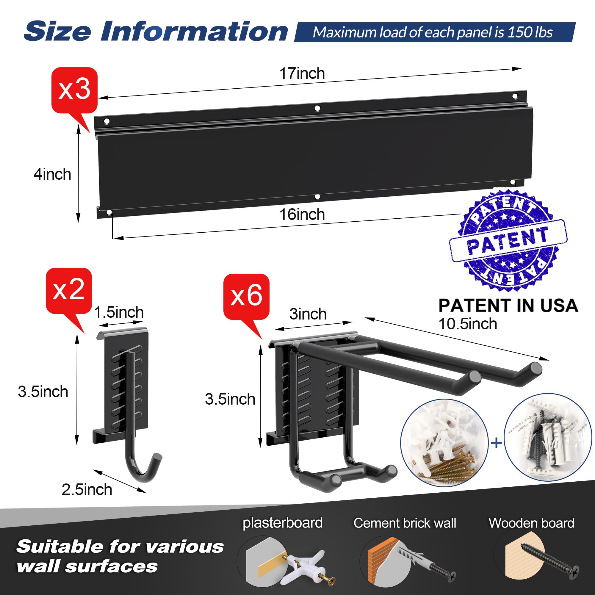 Sttoraboks Garage Tool Storage Rack, Heavy Duty Garage Storage Organizer Rack System,Wall Mounted Tool with 8 double hooks, 3 rails, Garden Yard Tools Hanger Rack for Ski Gears,Broom, Rake,Shovel