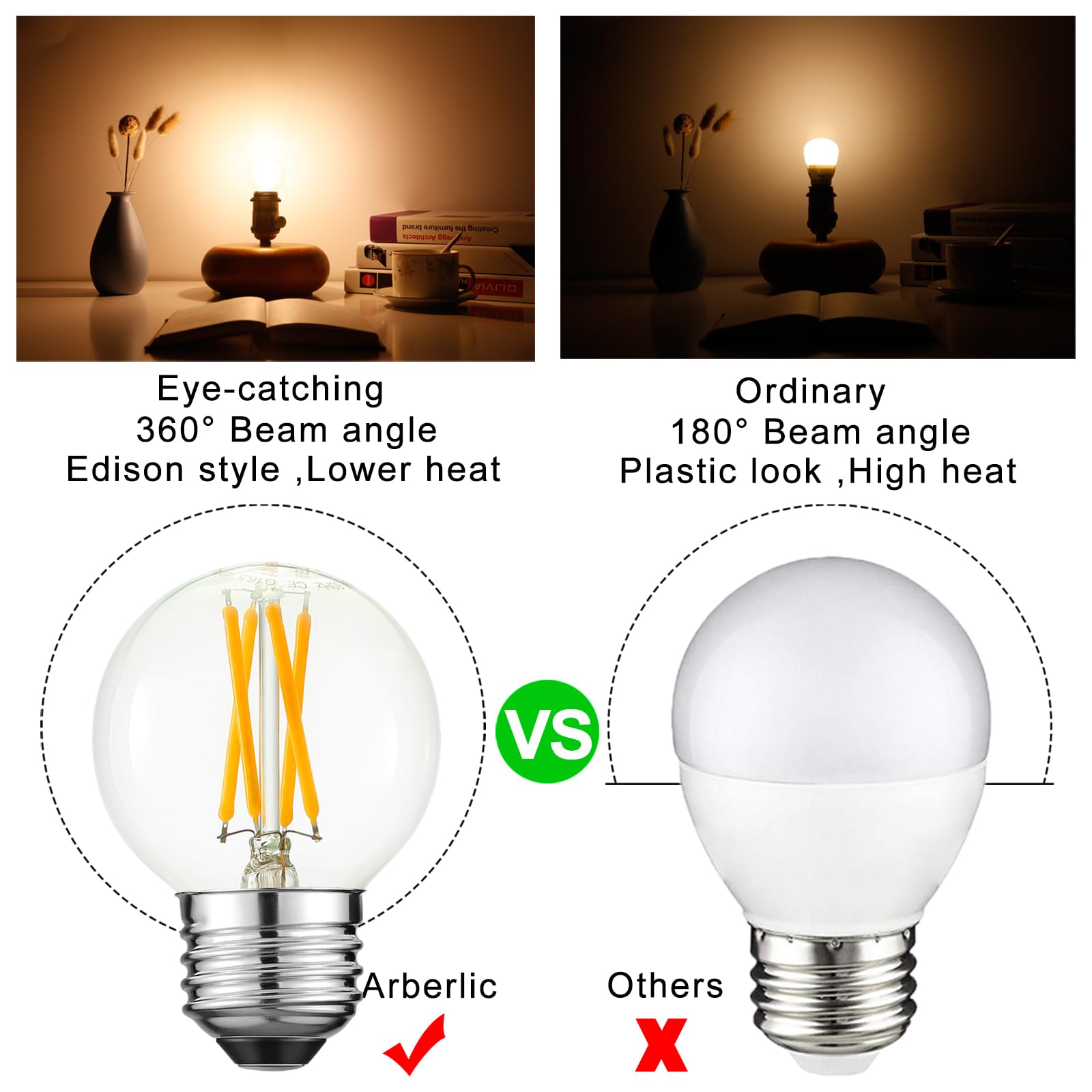 Arberlic G16.5 Light Bulb LED,4W E26 LED Bulb dimmable Equivalent E26 40 watt Light Bulb,Warm White 2700K,400lm,CRI85+,AC120V,Edison Style,Clear Glass,Flicker Free,Pack of 6