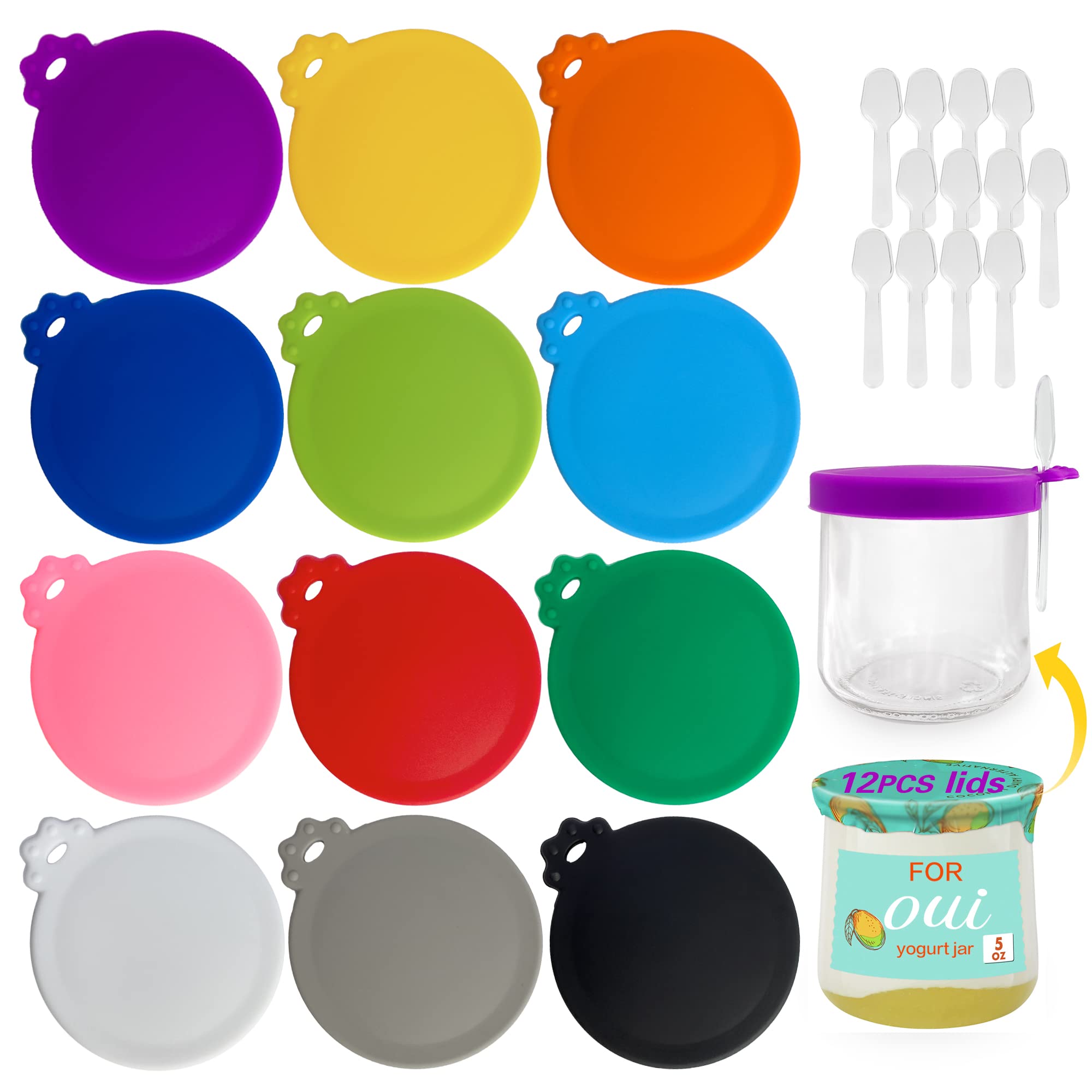 Oui Yogurt Jar Lids Silicone - 12 pack Oui Lids for Yoplait Yogurt Container for la fermiere yogurt jar lids silicone, Sealed against leaks Silicone lids for oui yogurt jars in 12 colors