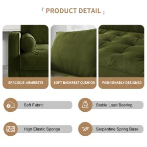 Meeyar 70 Inch Velvet Sofa, Comfy 3 Seater Loveseat Sofa Couch with Tufted Seat, Mid-Century Modern Upholstered with Two Throw Pillows, Couches for Living Room, Bedroom, Apartment, Olive Green