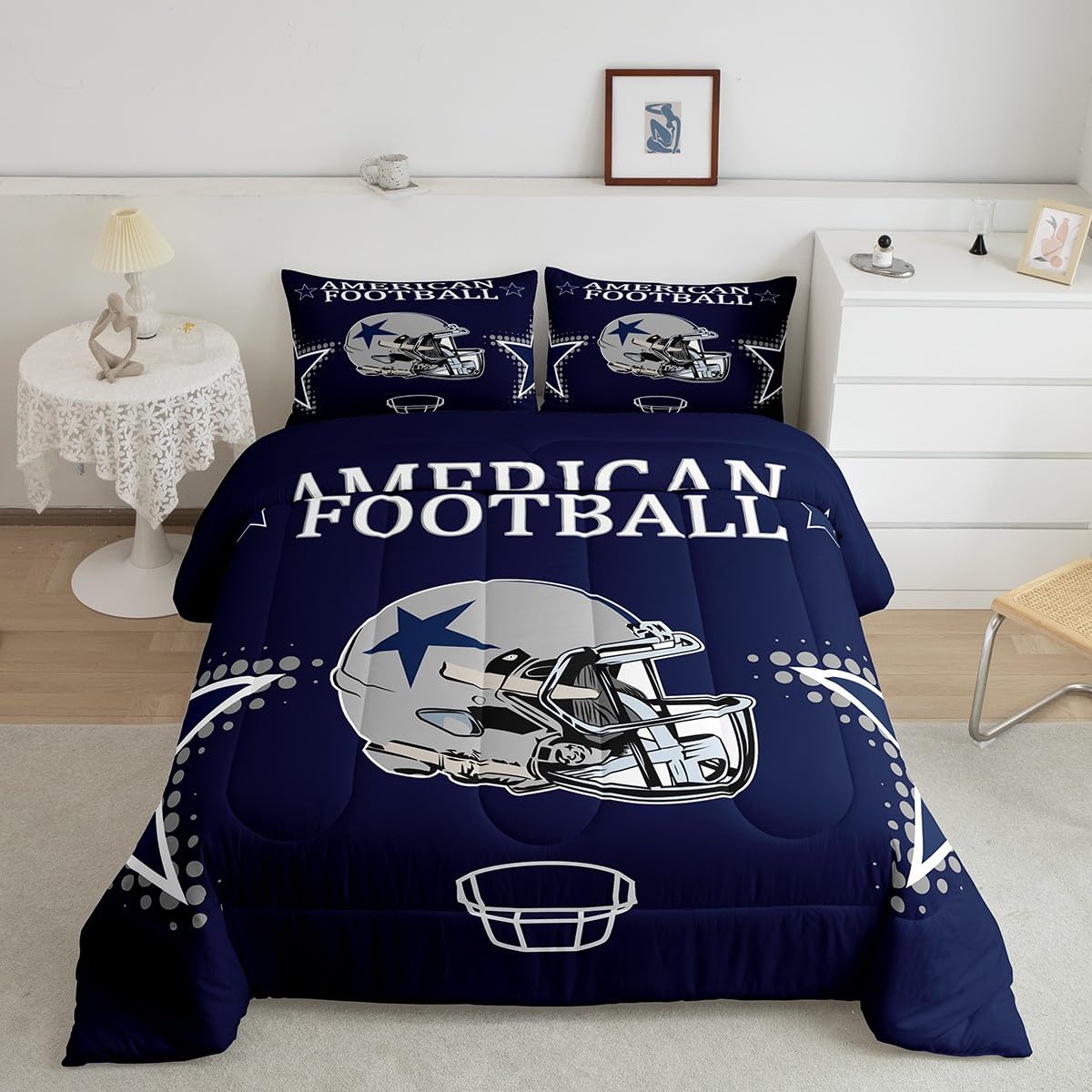 American Football Comforter Set Queen Size Rugby Helmets Bedding Set 3pcs for Kids Boys Teens Men Bedroom Decor Ball Sports Gaming Quilted Duvet Modern Grey Stars Print Duvet Insert,Navy Blue