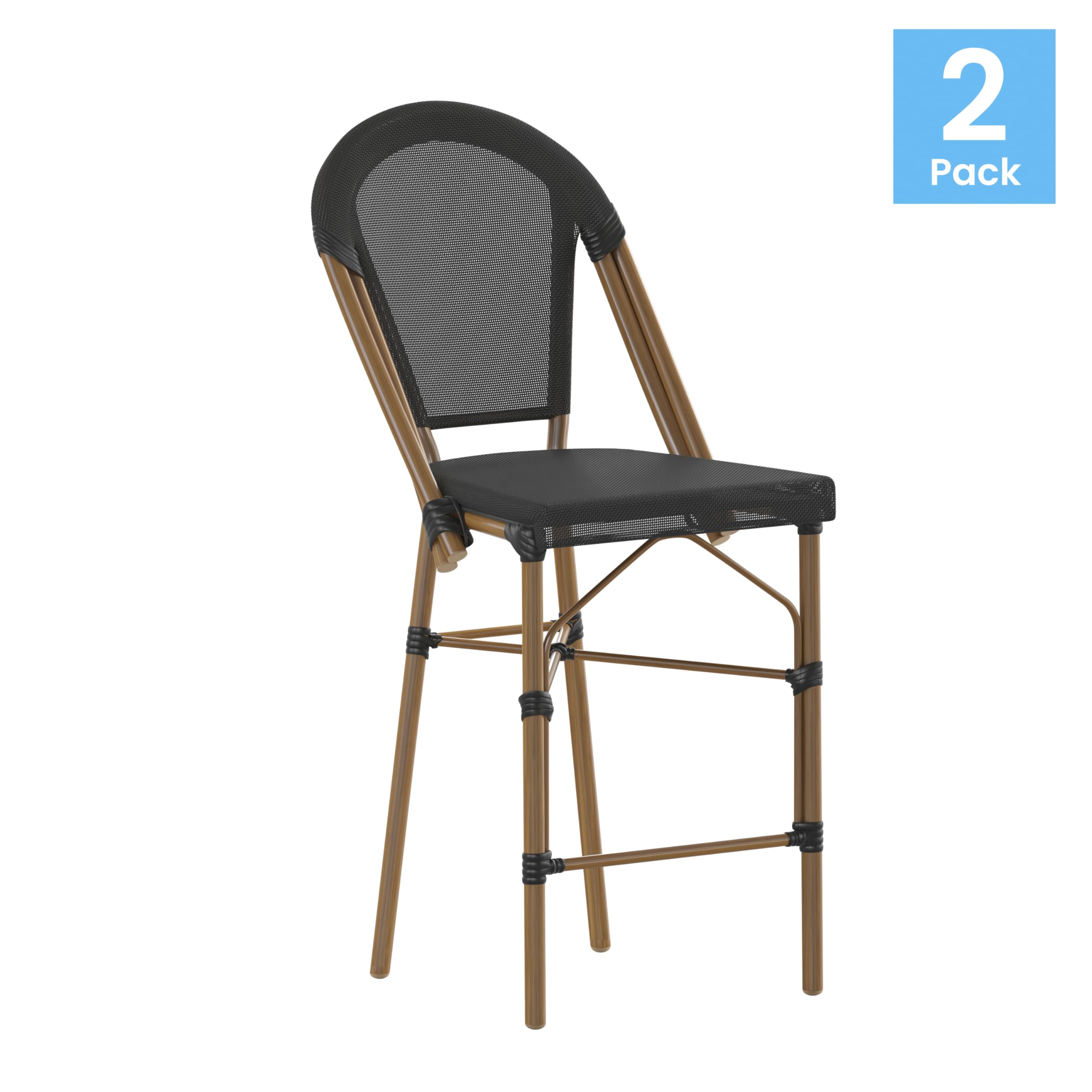 Merrick Lane Mael Bistro Style Stacking Counter Stools - Indoor/Outdoor Textilene Back and Seat - Natural Bamboo Finish Metal Frame - Set of Two - Black