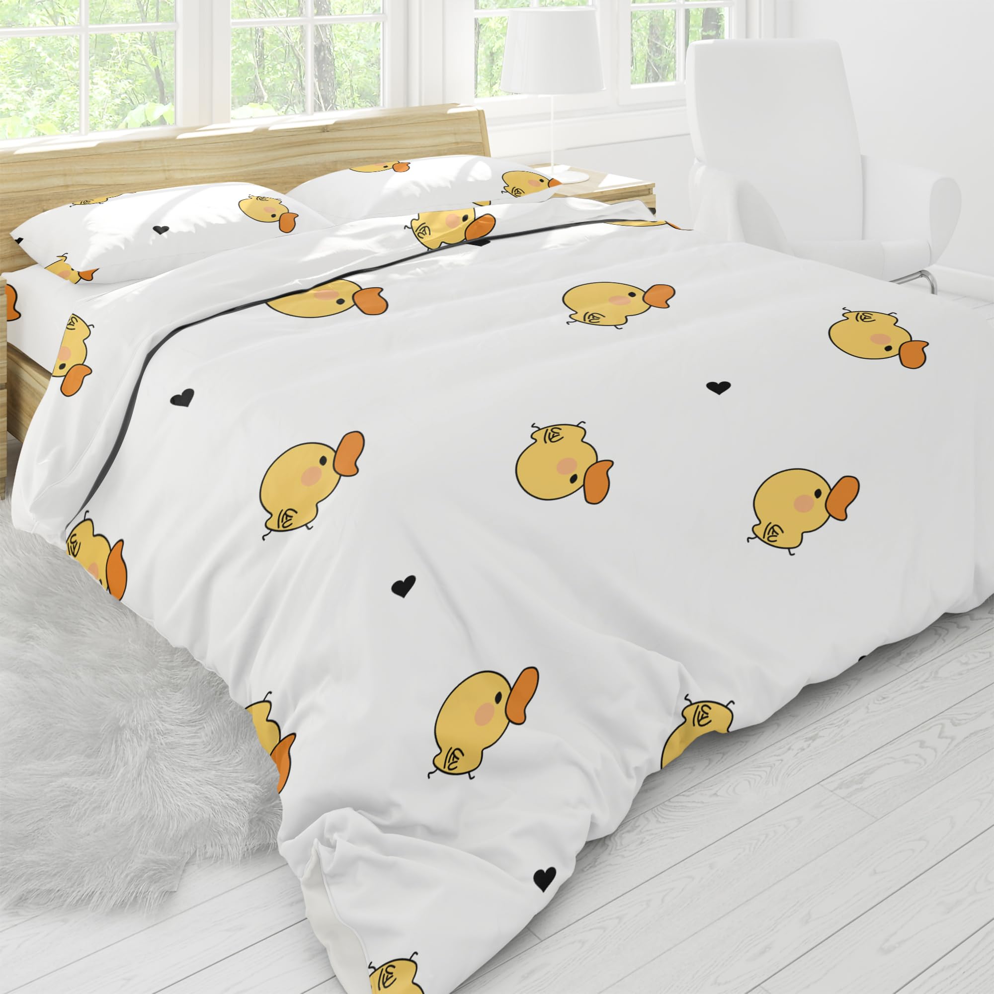 Peripus Duvet Cover Queen Size Bedding Sets – 4 Piece Machine Wash Bed Set with 1 Duvet Cover, 1 Bed Sheet & 2 Pillow Case, Polyester Fabric for All Seasons (Happy Duck)