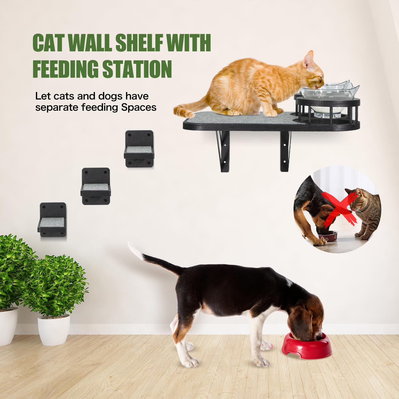 Cat Hammock Cat Wall Shelves with 3 Steps, Cat Scratching Post Cat Hammock and Perches with 2 Cat Food Bowls, Wood Cat Bed Furniture Wall Mounted, Cat Scratching Post Cat Wall Shelf