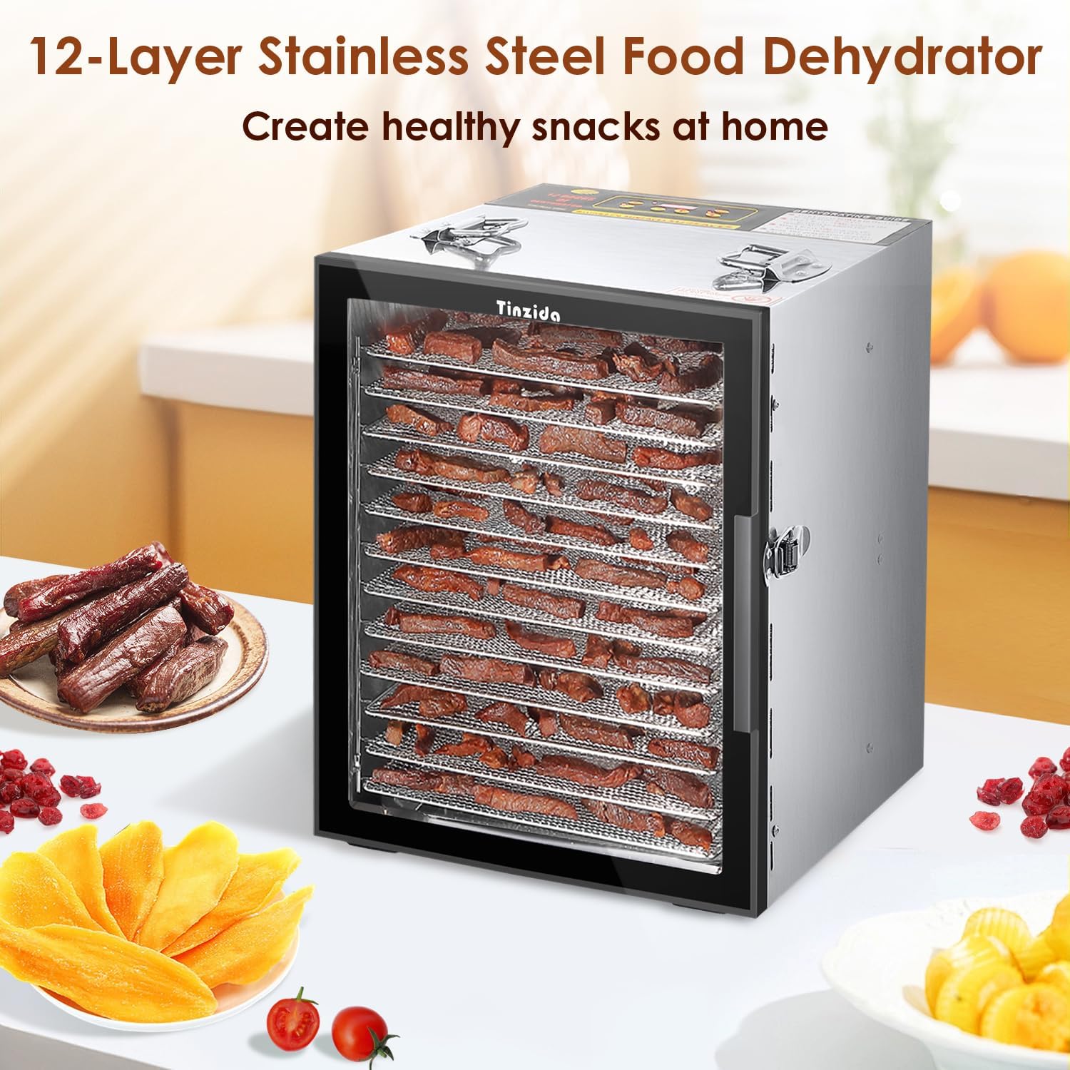 Tinzida Food Dehydrator Machine, 12 Stainless Steel Trays, Dehydrators For Jerky, Meat, Fruit, Pet Treats, Vegetables, Herb, 194ºF Temperature Control, 24H Timer, Safety Over-Heat Protection