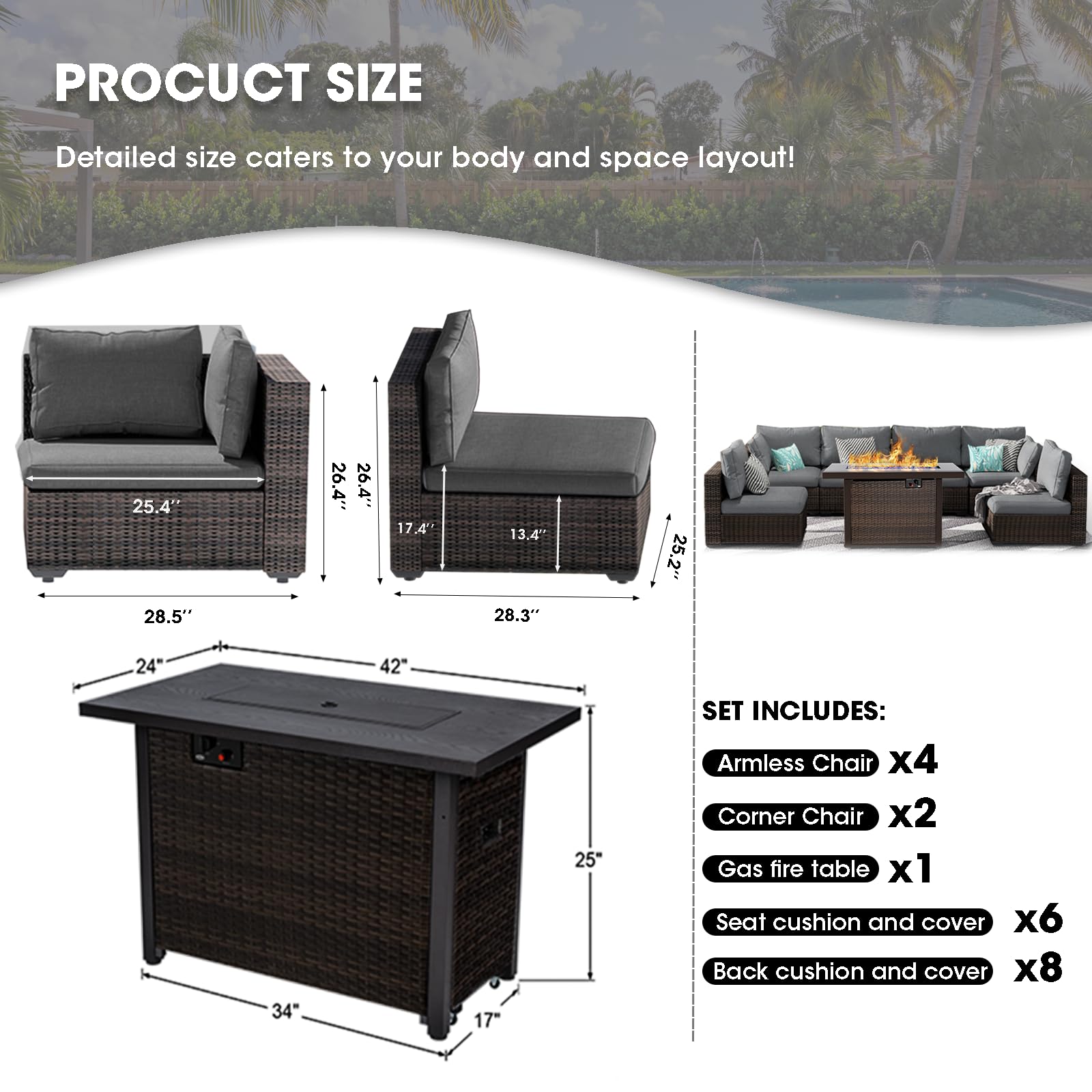 Grezone Patio Furniture Sets 7 Pieces with Fire Pit Table Patio Sectional Outdoor Furniture Sofa Chairs Set PE Rattan Wicker Couch Conversation Set with No-Slip Cushions Waterproof Covers Grey