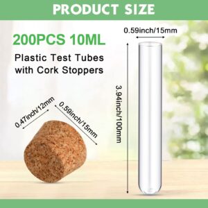 Hoteam 200 Pcs Clear Plastic Test Tubes with Cork Stoppers 10ml Small Test Tubes with Lids Plastic Bottles Plant Propagation Tubes for Seal and Storage Jewelry Seed Bead Powder, Lab Use or Decoration