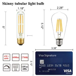 Arberlic 5 Inch T10 LED Bulb,6W Tubular Light Bulb Equivalent E26 led Bulb 60 watt dimmable,Warm White 2700K,600lm,CRI85+,AC120V,Edison Style,Clear Glass,Flicker Free,Pack of 6