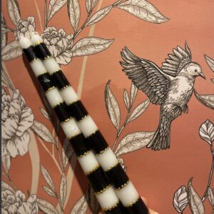 0 Handmade Decorative Hand Painted Taper Candles, 2 Pack | Striped Black & White | for Dinner Table and Interior Decoration