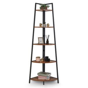 CAPHAUS Tall Corner Shelf Stand, 5-Tier Display Shelves, Ladder Corner Wood Storage Plant Bookshelf with Metal Frame, Versatile Shelving Unit Bookcase for Home Office Space, Rustic Oak