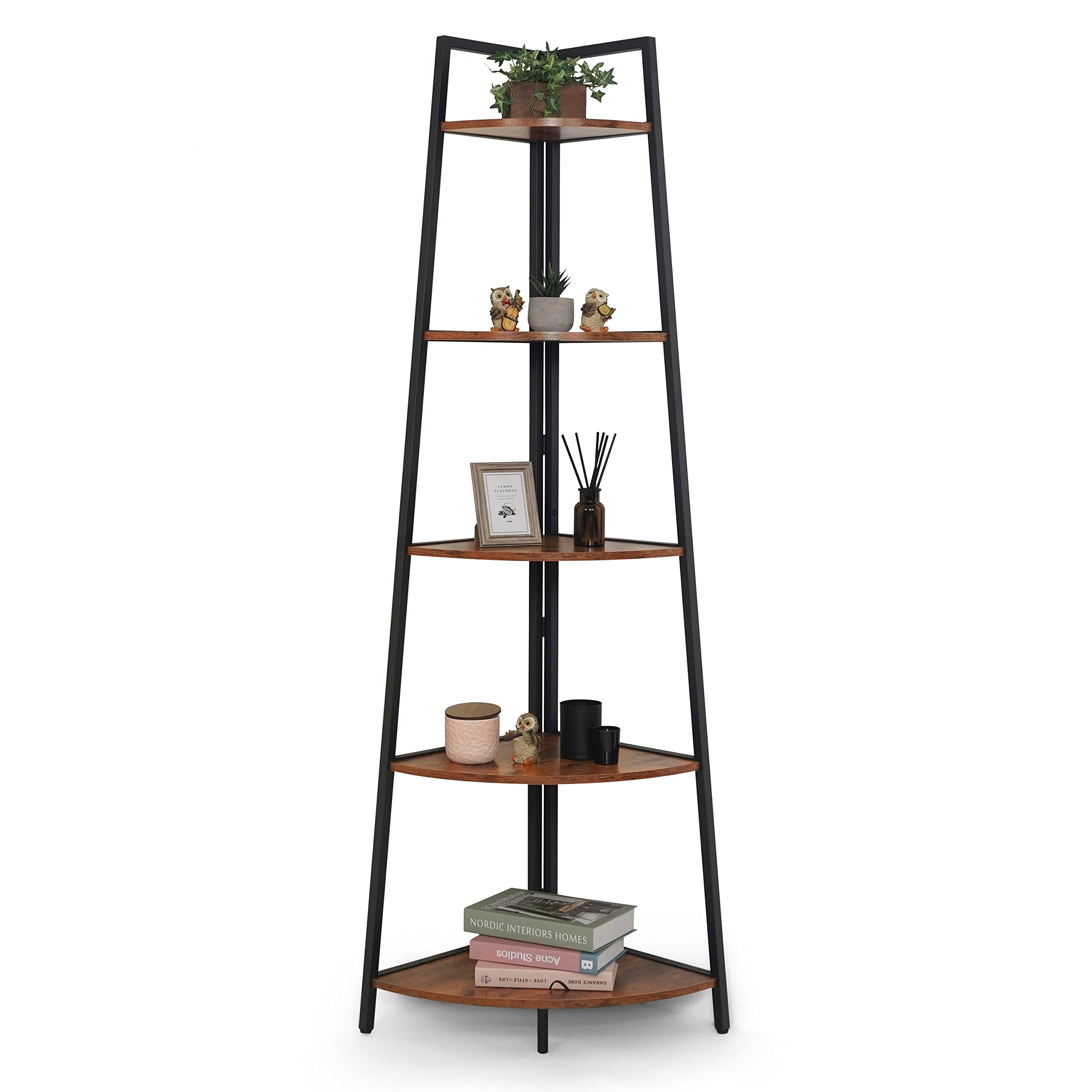 CAPHAUS Tall Corner Shelf Stand, 5-Tier Display Shelves, Ladder Corner Wood Storage Plant Bookshelf with Metal Frame, Versatile Shelving Unit Bookcase for Home Office Space, Rustic Oak