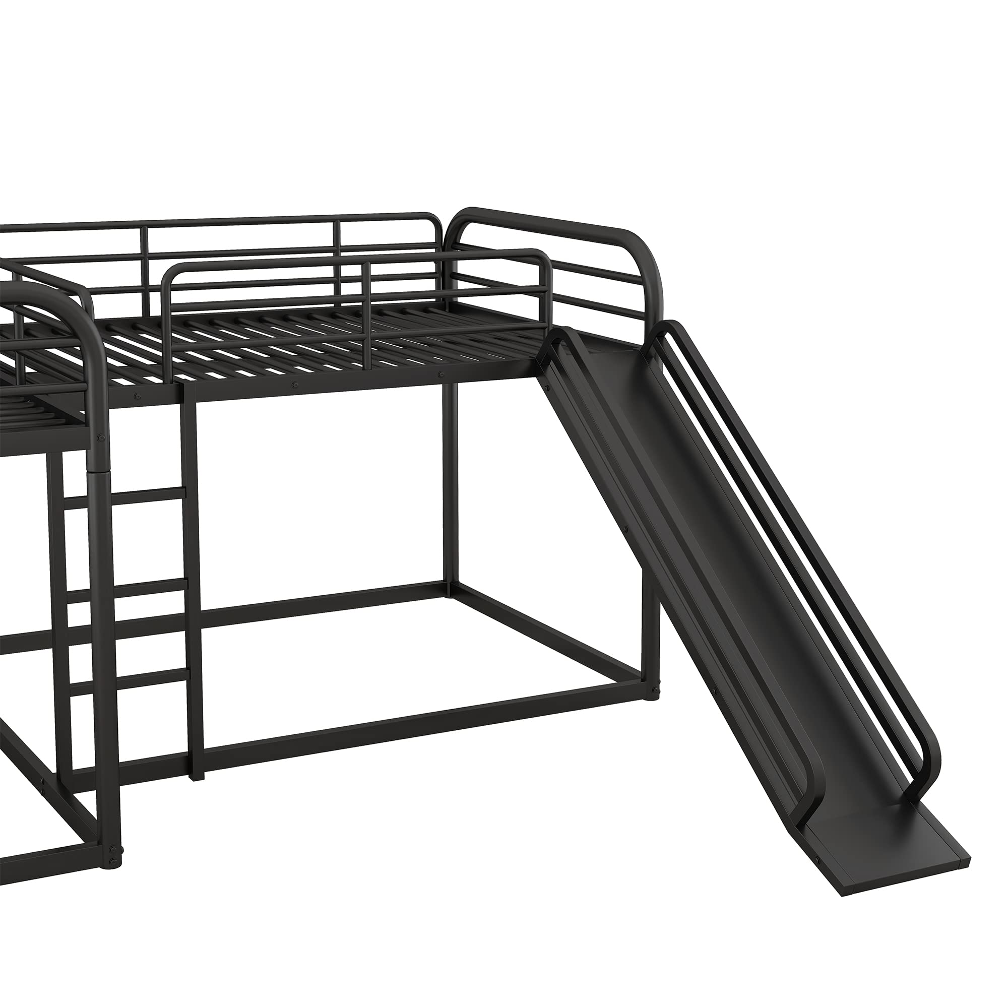 Quad Bunk Bed with Slide, L Shaped Bunk Bed for 4, Heavy-Duty Metal Floor Bunk Bed Frame Full and Twin Size for Kids Teens Girls Boys (Black)