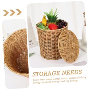 ORFOFE Storage Basket with Lid Organizer with Lid Storage Baskets with Lid Round Basket Rattan Waste Basket Bedroom Storage Basket Wicker Waste Basket Tabletop Basket Laundry Hamper Pp