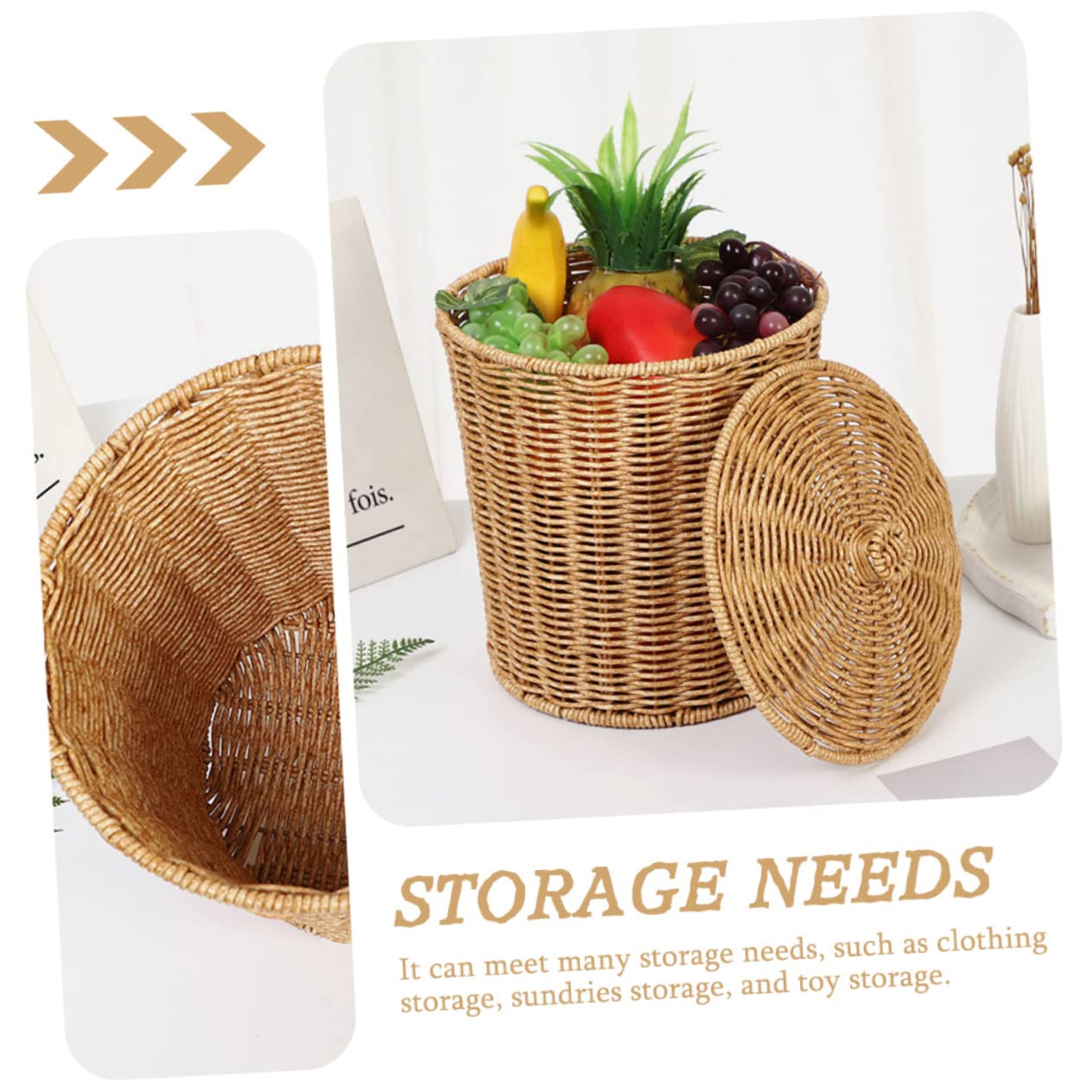 ORFOFE Storage Basket with Lid Organizer with Lid Storage Baskets with Lid Round Basket Rattan Waste Basket Bedroom Storage Basket Wicker Waste Basket Tabletop Basket Laundry Hamper Pp