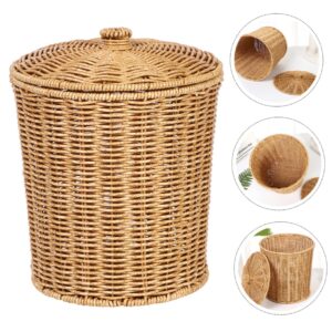 ORFOFE Storage Basket with Lid Organizer with Lid Storage Baskets with Lid Round Basket Rattan Waste Basket Bedroom Storage Basket Wicker Waste Basket Tabletop Basket Laundry Hamper Pp