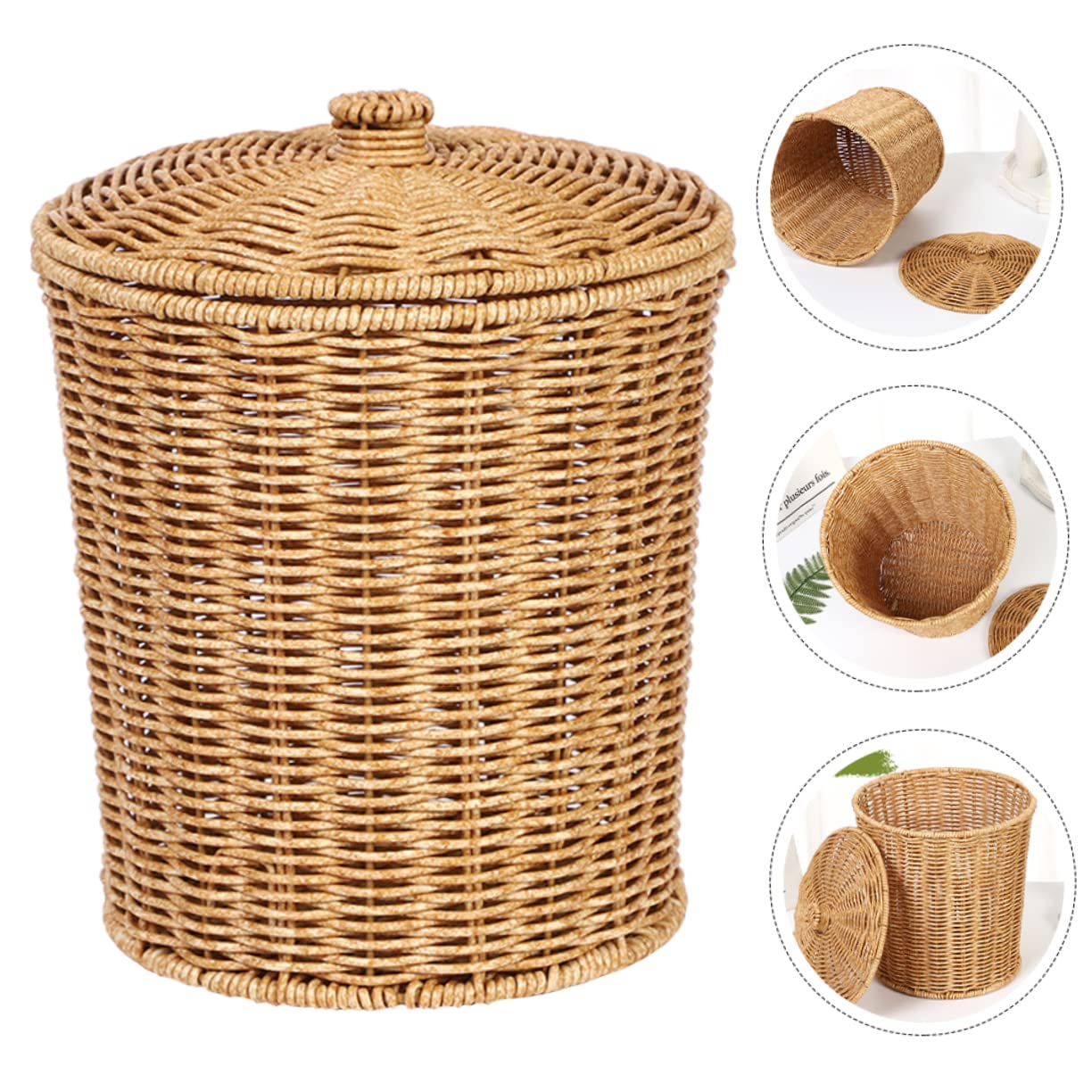 ORFOFE Storage Basket with Lid Organizer with Lid Storage Baskets with Lid Round Basket Rattan Waste Basket Bedroom Storage Basket Wicker Waste Basket Tabletop Basket Laundry Hamper Pp