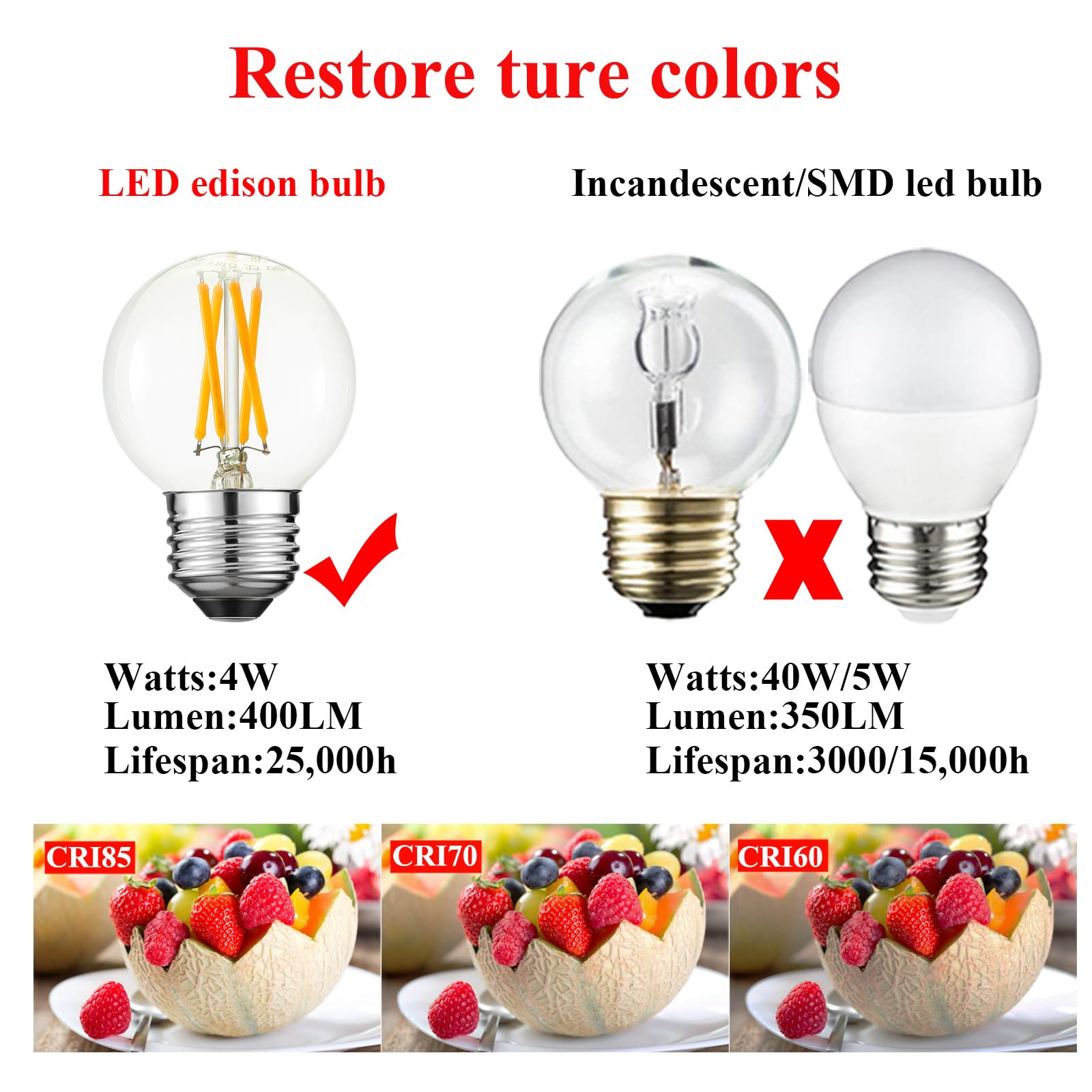 Arberlic G16.5 Light Bulb LED,4W E26 LED Bulb dimmable Equivalent E26 40 watt Light Bulb,Warm White 2700K,400lm,CRI85+,AC120V,Edison Style,Clear Glass,Flicker Free,Pack of 6