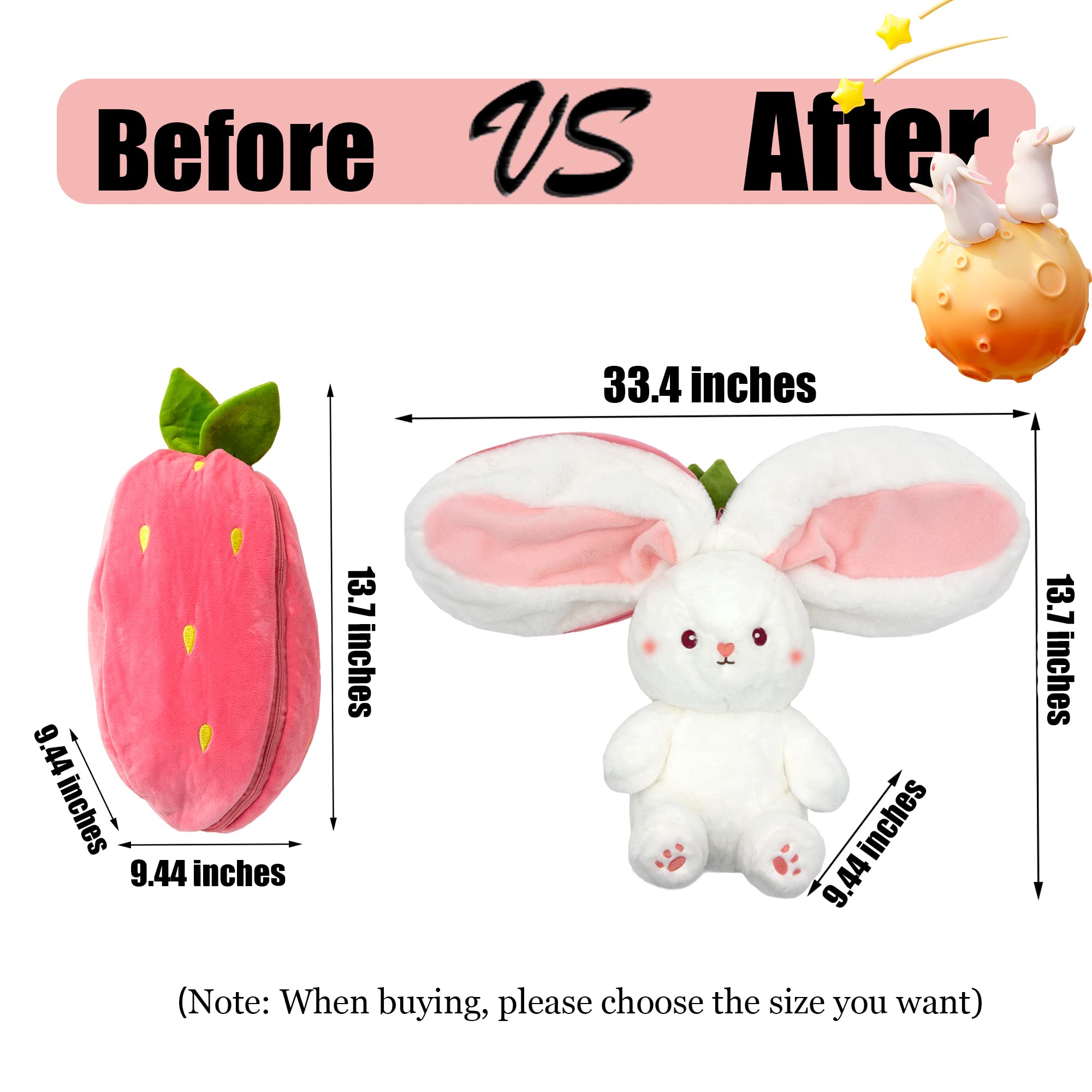 YOUBLEK Bunny Stuffed Animal,Strawberry Reversible Cuddle Bunny Plush Doll with Zipper Cute Soft Rabbit Toys Pillow for Kids and Adults Easter Bunnies Plushies Gifts (Strawberry, 7.09 inches)