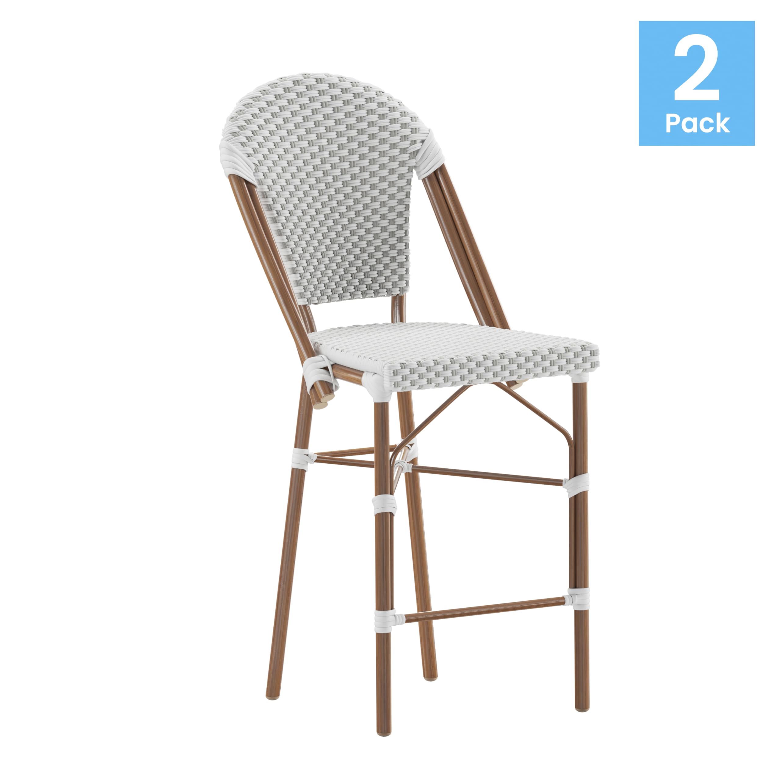 EMMA + OLIVER Colmar Bistro Counter Stool - Stacking Indoor/Outdoor PE Rattan Bar Stool with Bamboo Finish Frame - 26" High - Set of Two - Gray/White