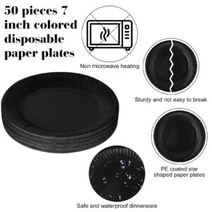 Zuazaor 50Pcs Disposable Black Paper Plates 7 Inches Graduation Halloween Party Plates Dessert Plates Round Paper Plate,Also for Weddings Birthdays Christmas Party Supplies (black)