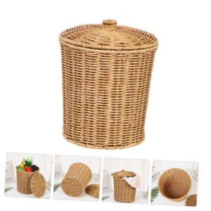 ORFOFE Storage Basket with Lid Organizer with Lid Storage Baskets with Lid Round Basket Rattan Waste Basket Bedroom Storage Basket Wicker Waste Basket Tabletop Basket Laundry Hamper Pp