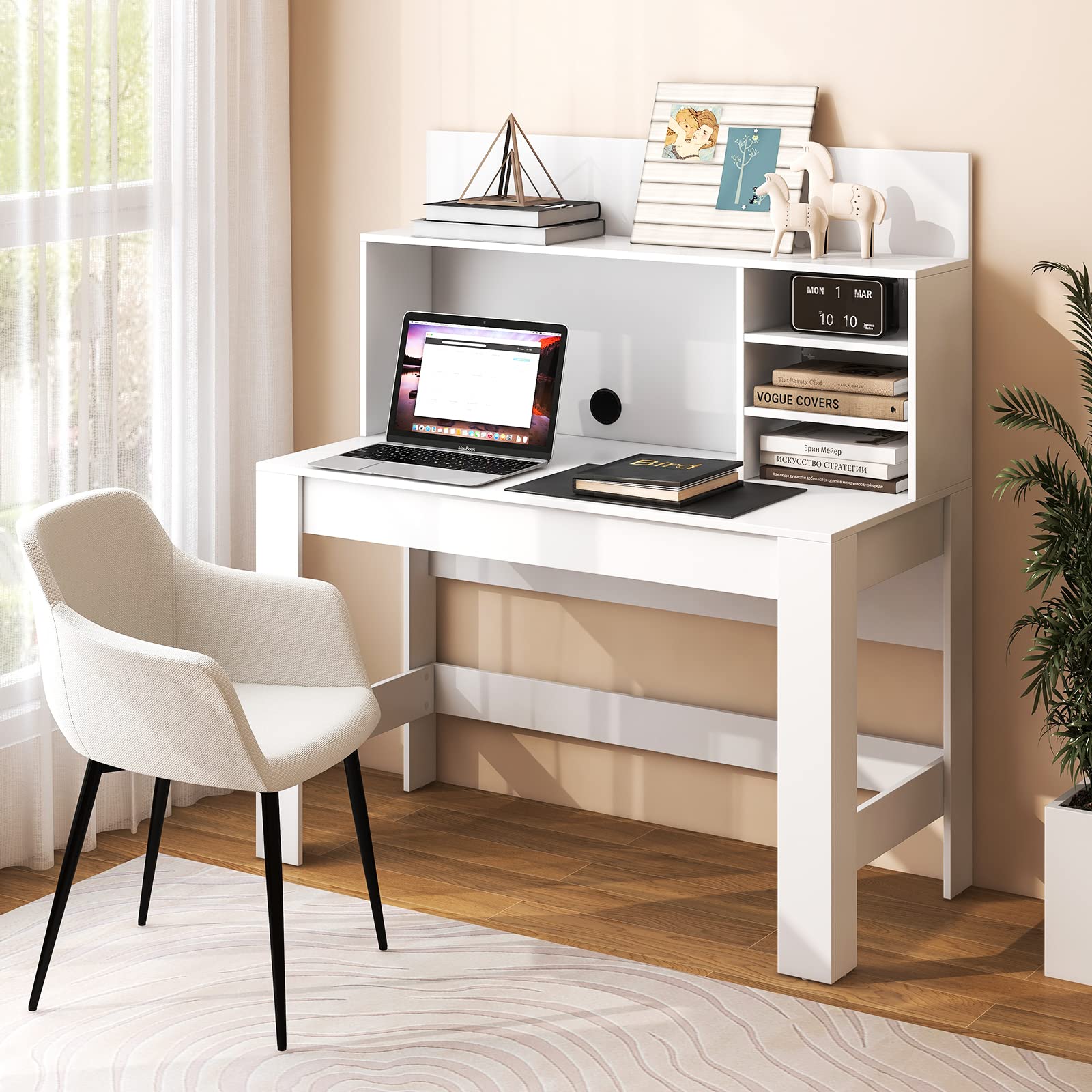 Giantex White Computer Desk with Bookshelf, 48" Home Office Writing Desk with Anti-Tipping Kits & Cable Management Hole, Modern Study Table Workstation for Small Space Bedroom