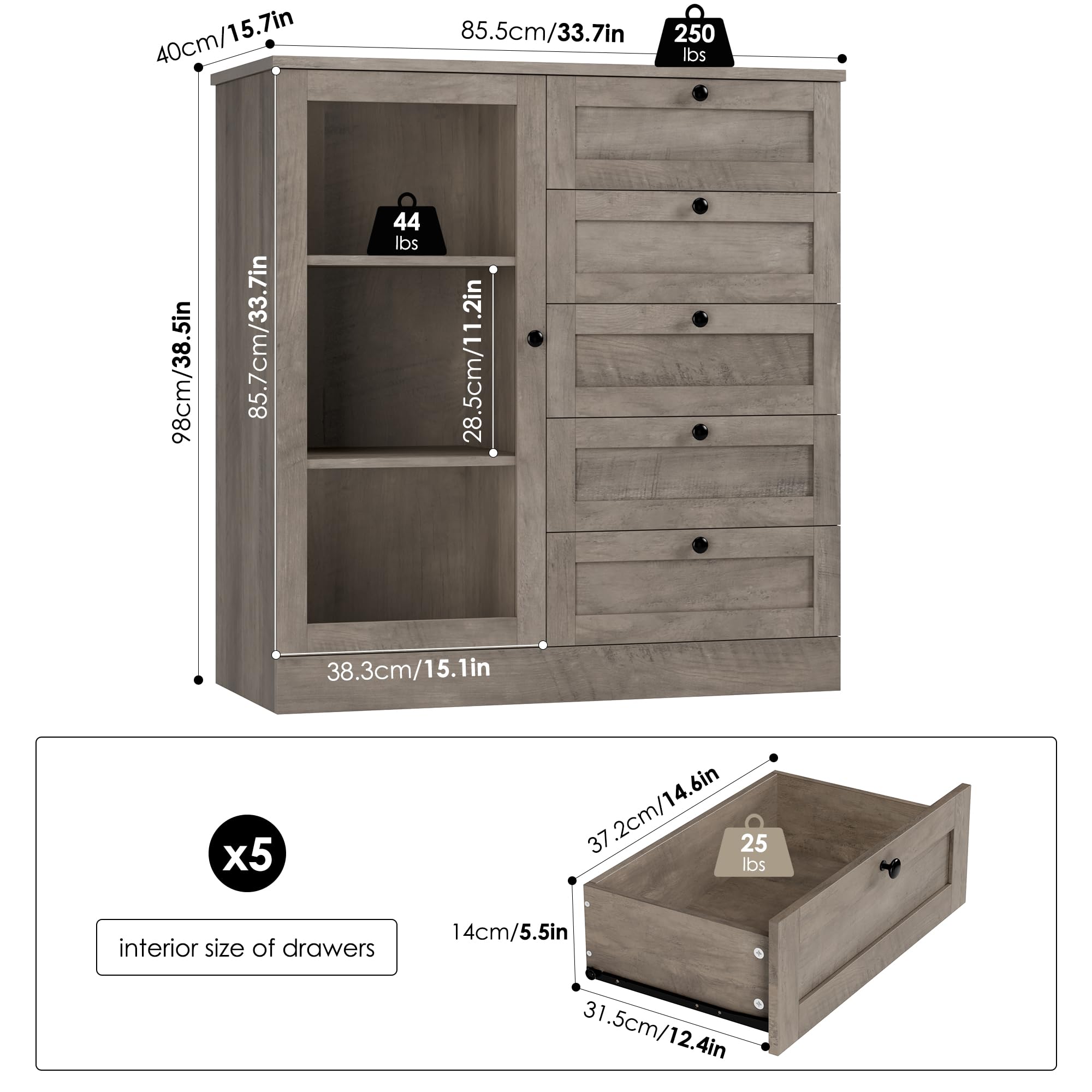 HOSTACK 5 Drawer Dresser with Door, Storage Cabinet with Drawers and Shelves, Wide Wood Dresser, Modern Chest of Drawers Organizers for Living Room, Kitchen, Hallway