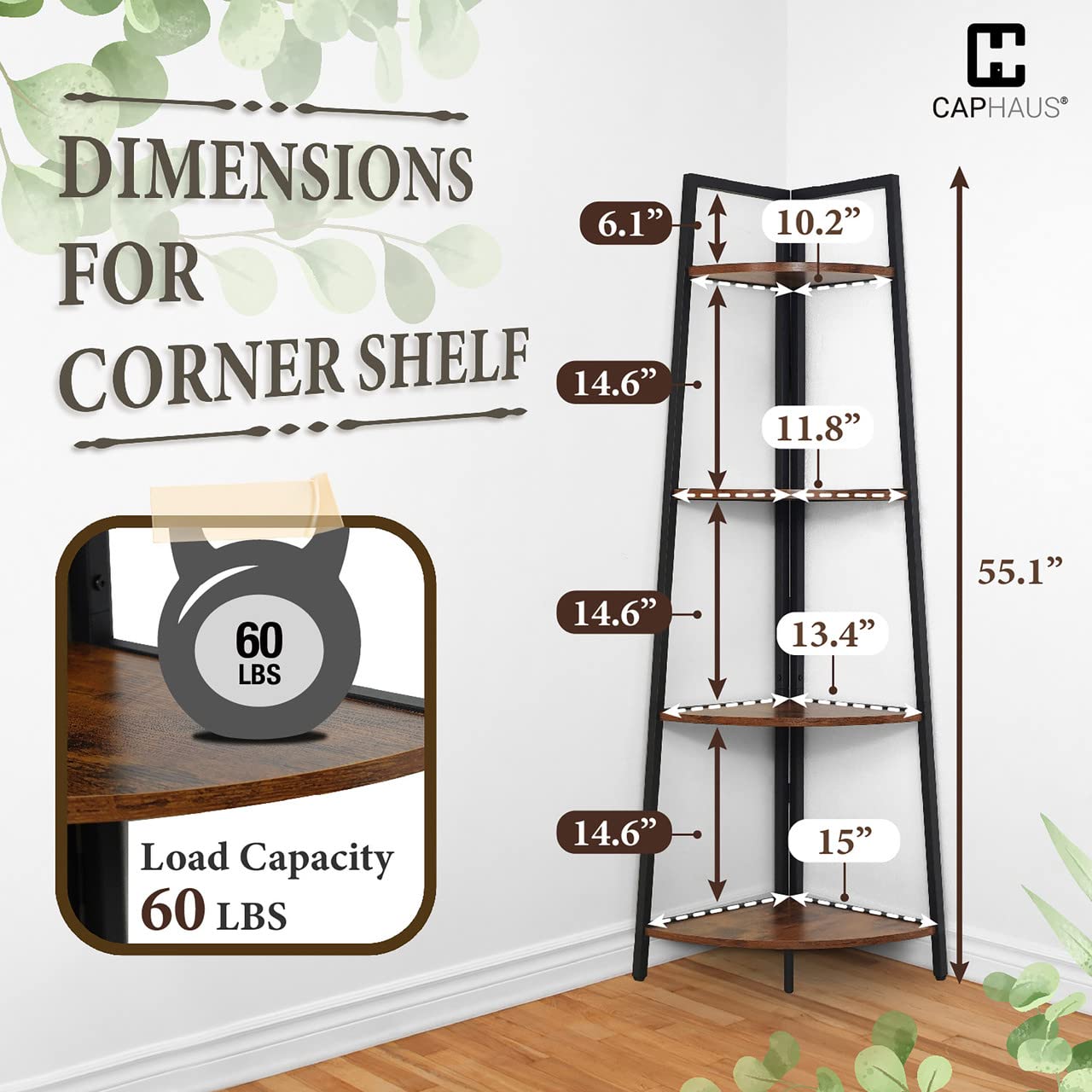 CAPHAUS Tall Corner Shelf Stand, 4-Tier Display Shelves, Ladder Corner Wood Storage Plant Bookshelf with Metal Frame, Versatile Shelving Unit Bookcase for Home Office Space, Rustic Oak