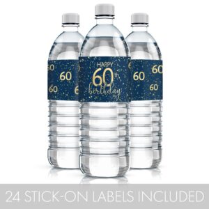 Navy Blue and Gold 60th Birthday Party Water Bottle Labels - 24 Count, 60th Birthday Decorations