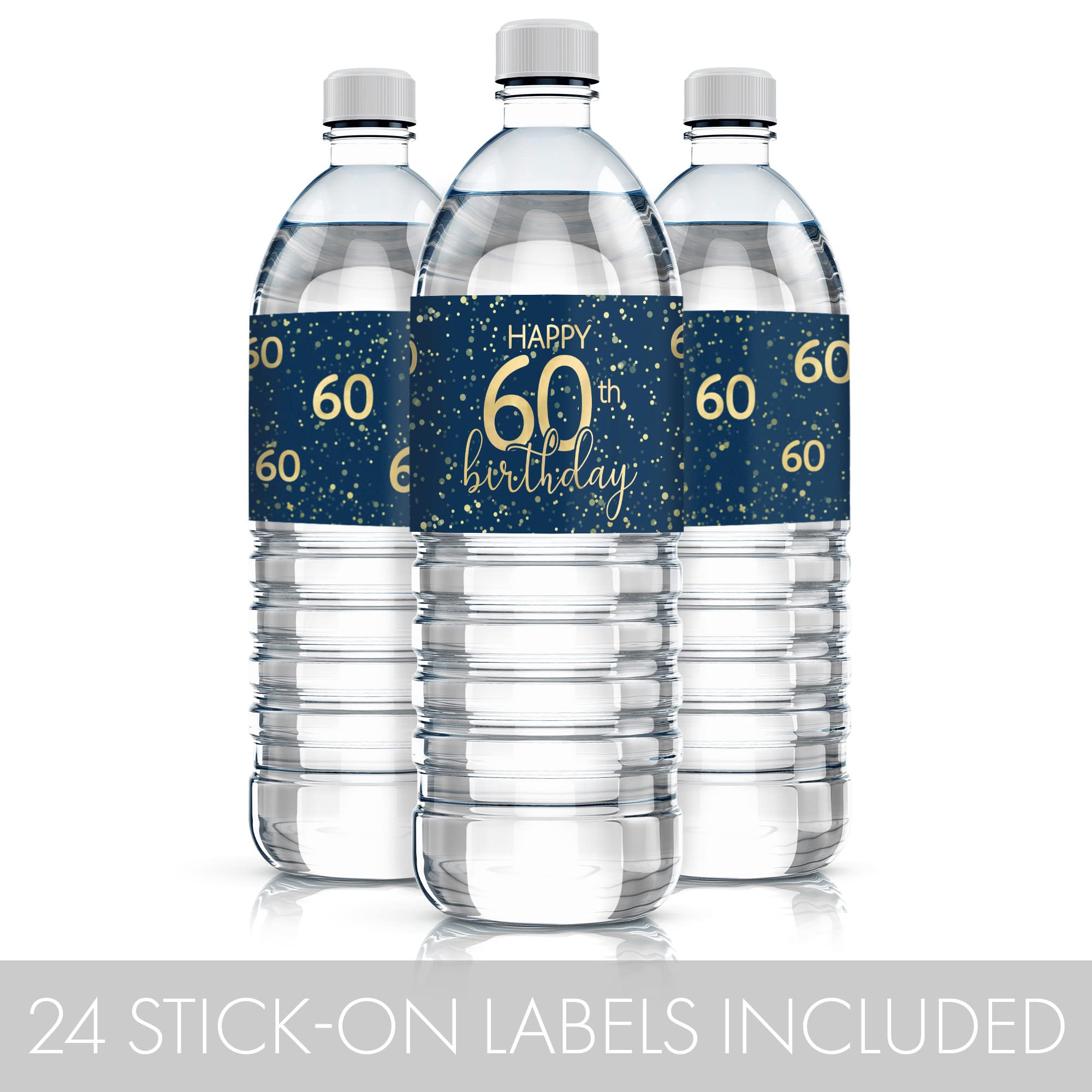 Navy Blue and Gold 60th Birthday Party Water Bottle Labels - 24 Count, 60th Birthday Decorations