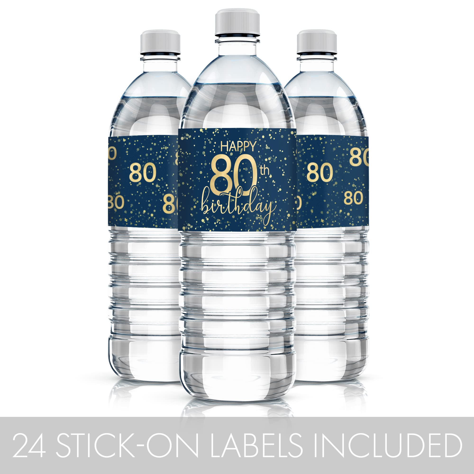 Navy Blue and Gold Happy 80th Birthday Party Water Bottle Labels - 24 Waterproof Stickers