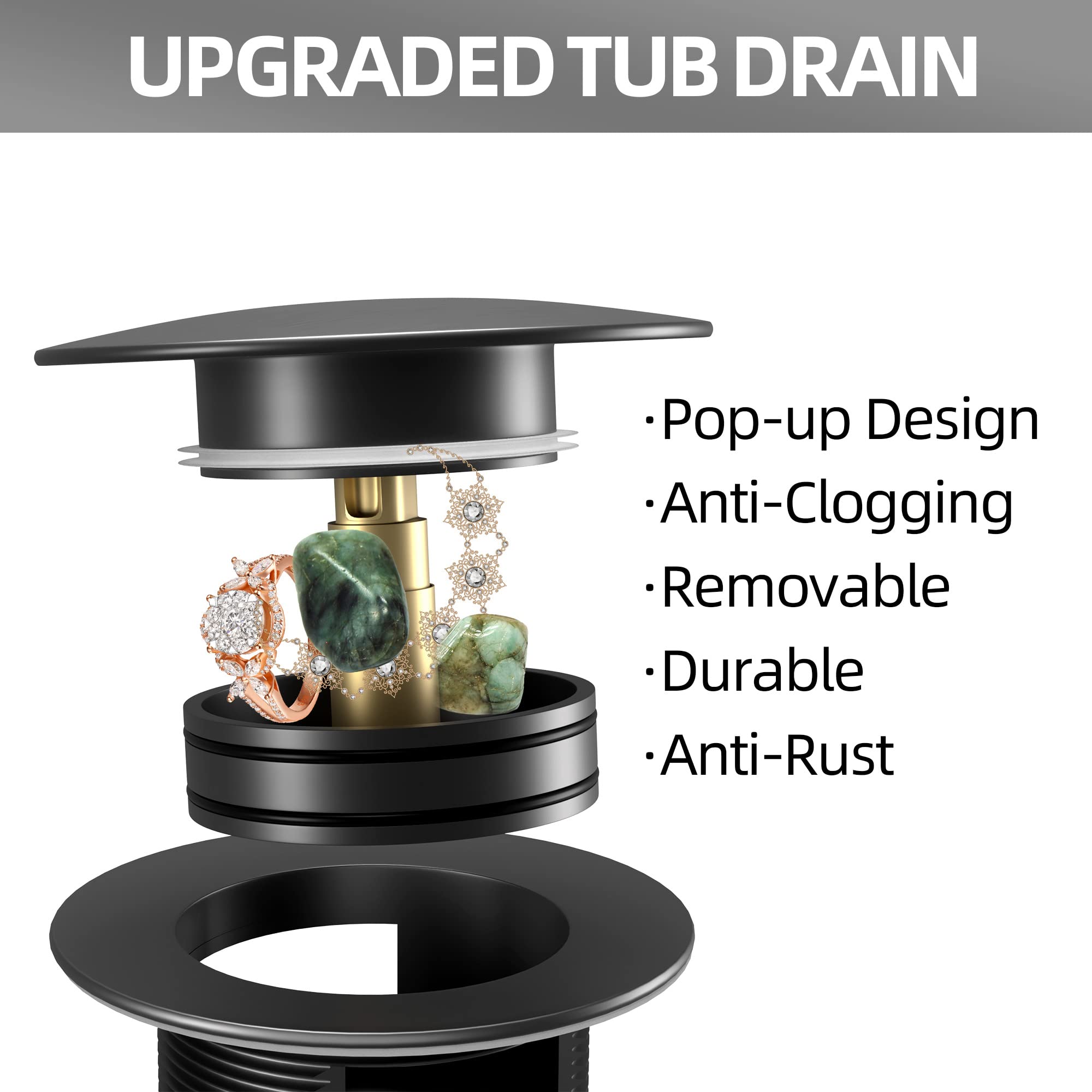 EXAKEY Freestanding Tub Drain with Removable Pop-up Free Standing Bathtub Drain Stopper Upgraded Stand Alone Tub Drain Basket for Soaking Anti-rust and Watertight Matte Black