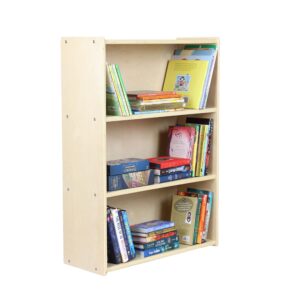 rri goods child three-shelf bookcase, sturdy birch plywood shelves for daycare storage of books, toys, supplies, smooth natural wood (34")