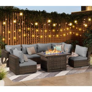 Grezone Patio Furniture Sets 7 Pieces with Fire Pit Table Patio Sectional Outdoor Furniture Sofa Chairs Set PE Rattan Wicker Couch Conversation Set with No-Slip Cushions Waterproof Covers Grey